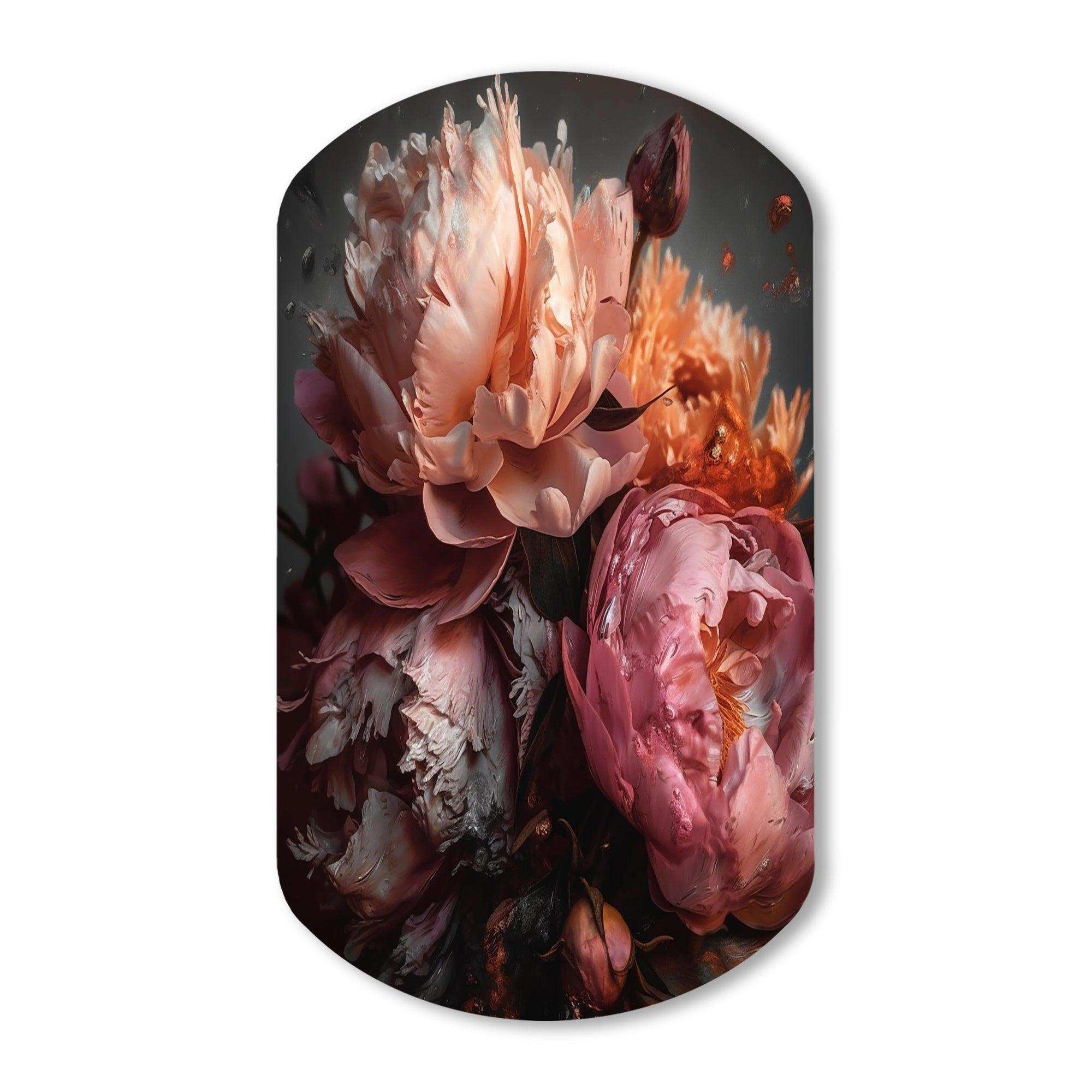 Orange Pink Peonies Blooming - Asymmetric Metal Wall Art