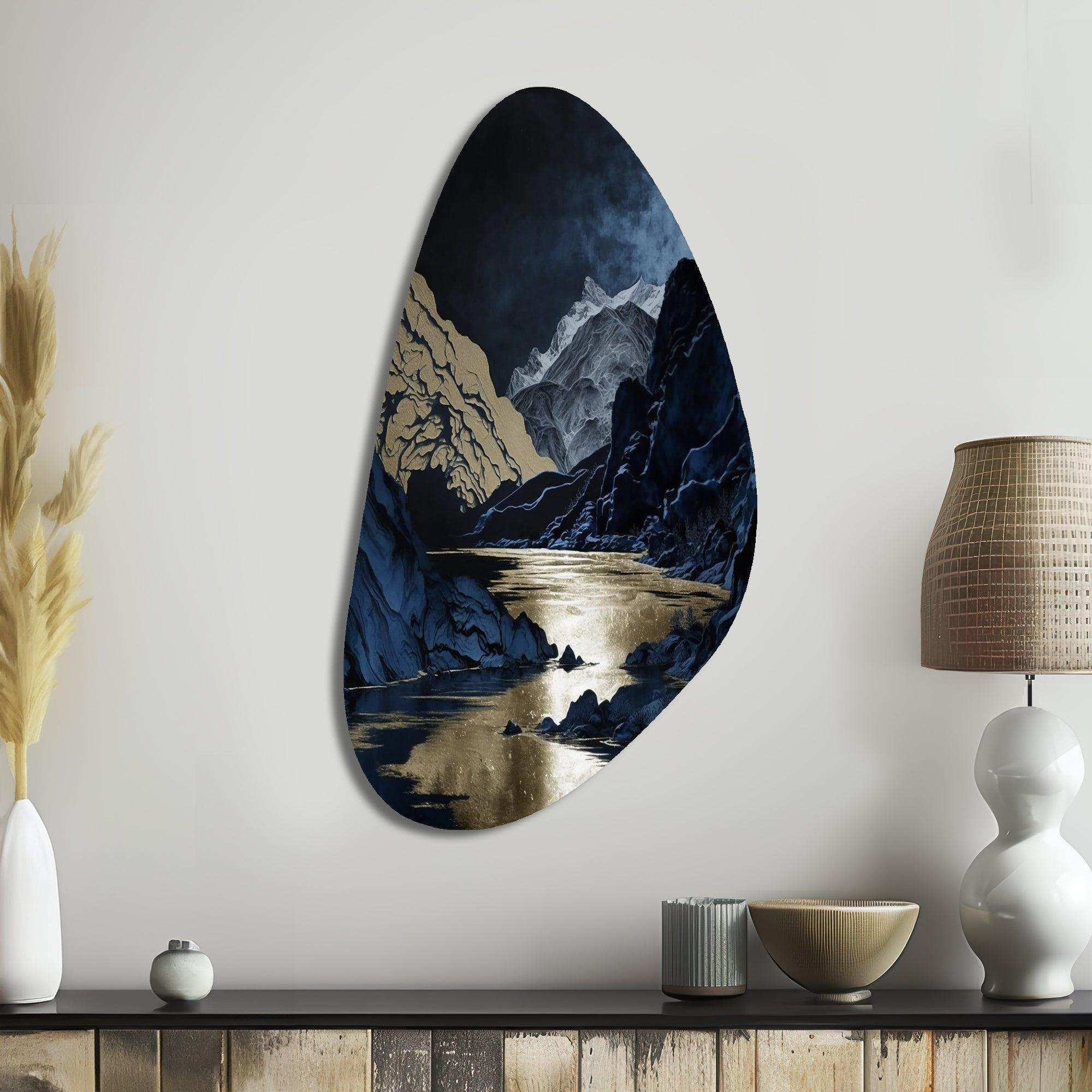 Gold Frosted River And Mountain III - Asymmetric Metal Wall Art