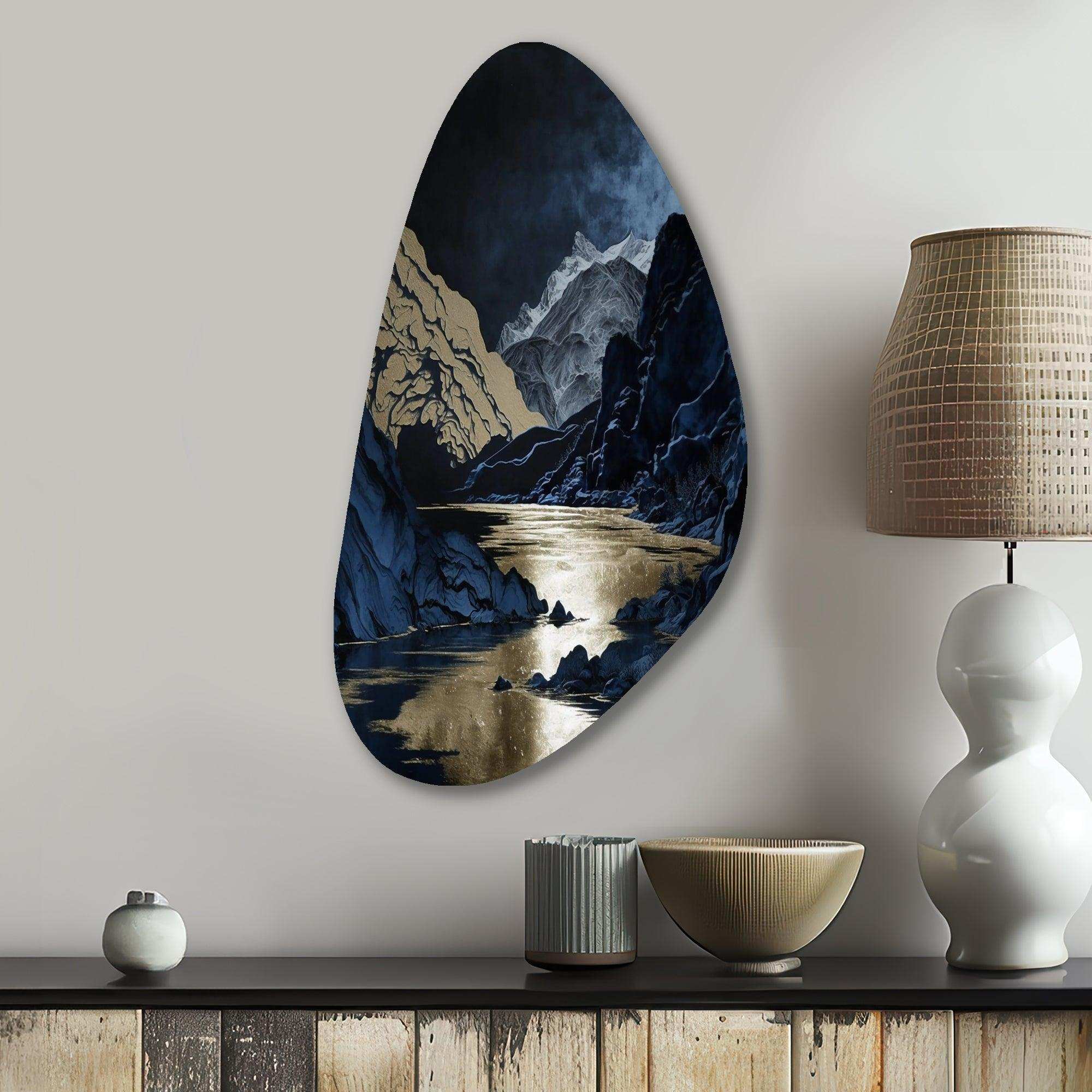Gold Frosted River And Mountain III - Asymmetric Metal Wall Art