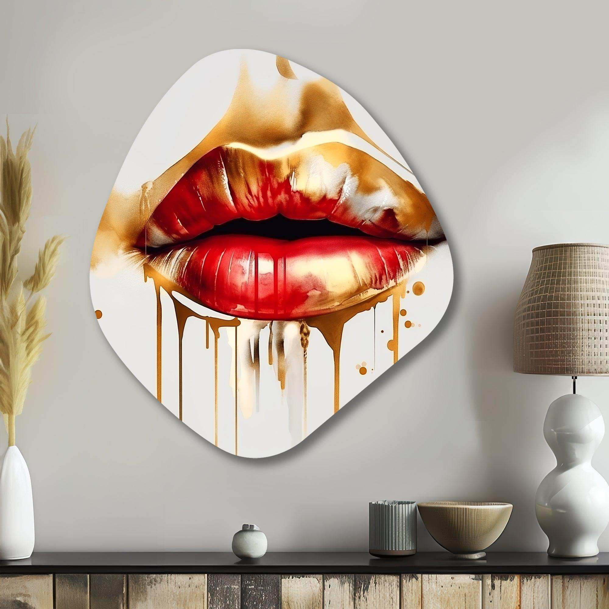 Golden Red Lips Of Luxury II - Asymmetric Metal Wall Art