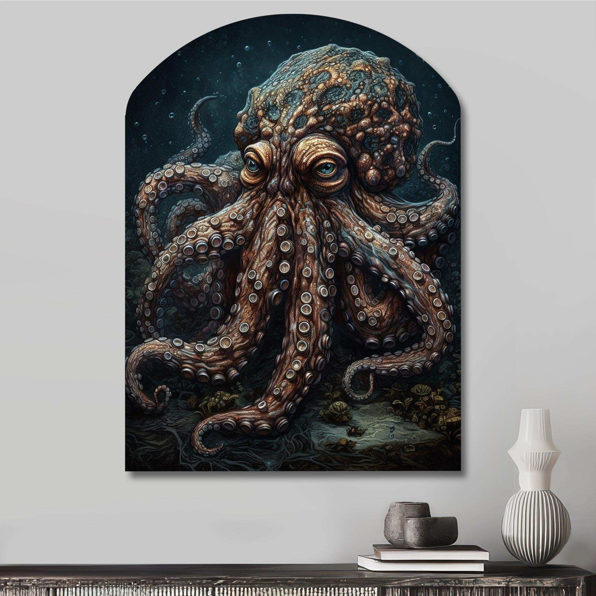 Brown Octopus Under The Sea - Asymmetric Metal Wall Art
