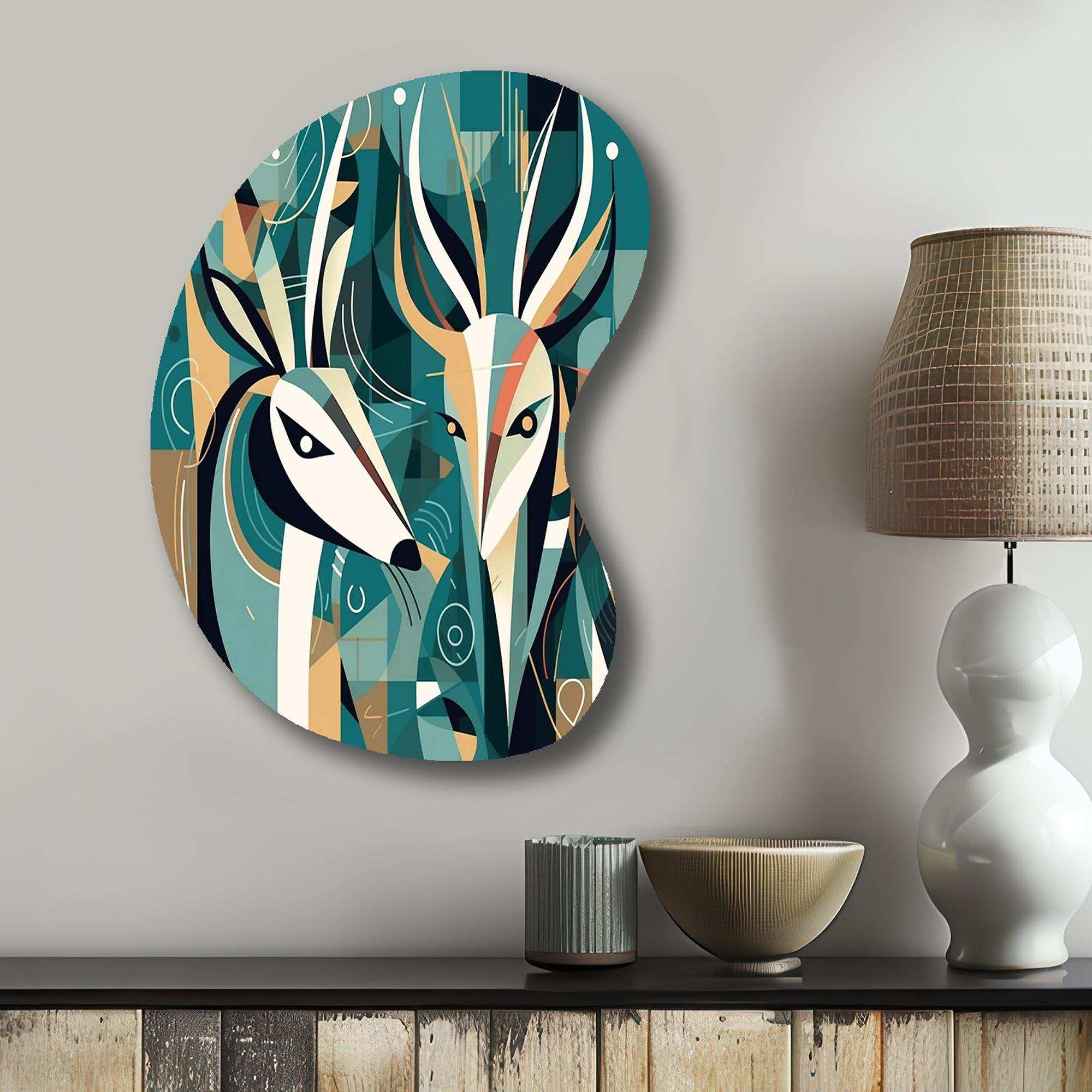 Green Beige Abstract Deer Portrait - Asymmetric Metal Wall Art