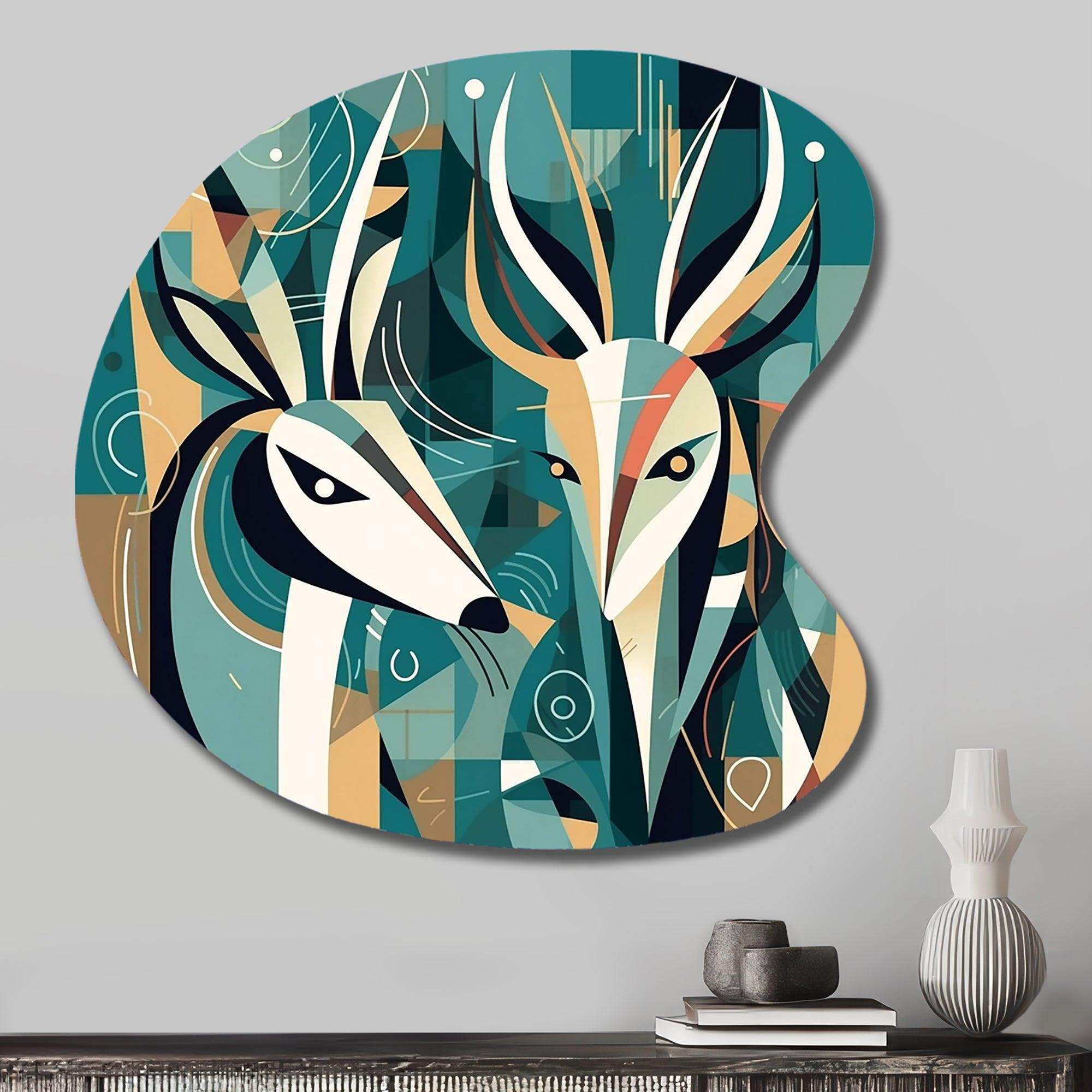 Green Beige Abstract Deer Portrait - Asymmetric Metal Wall Art