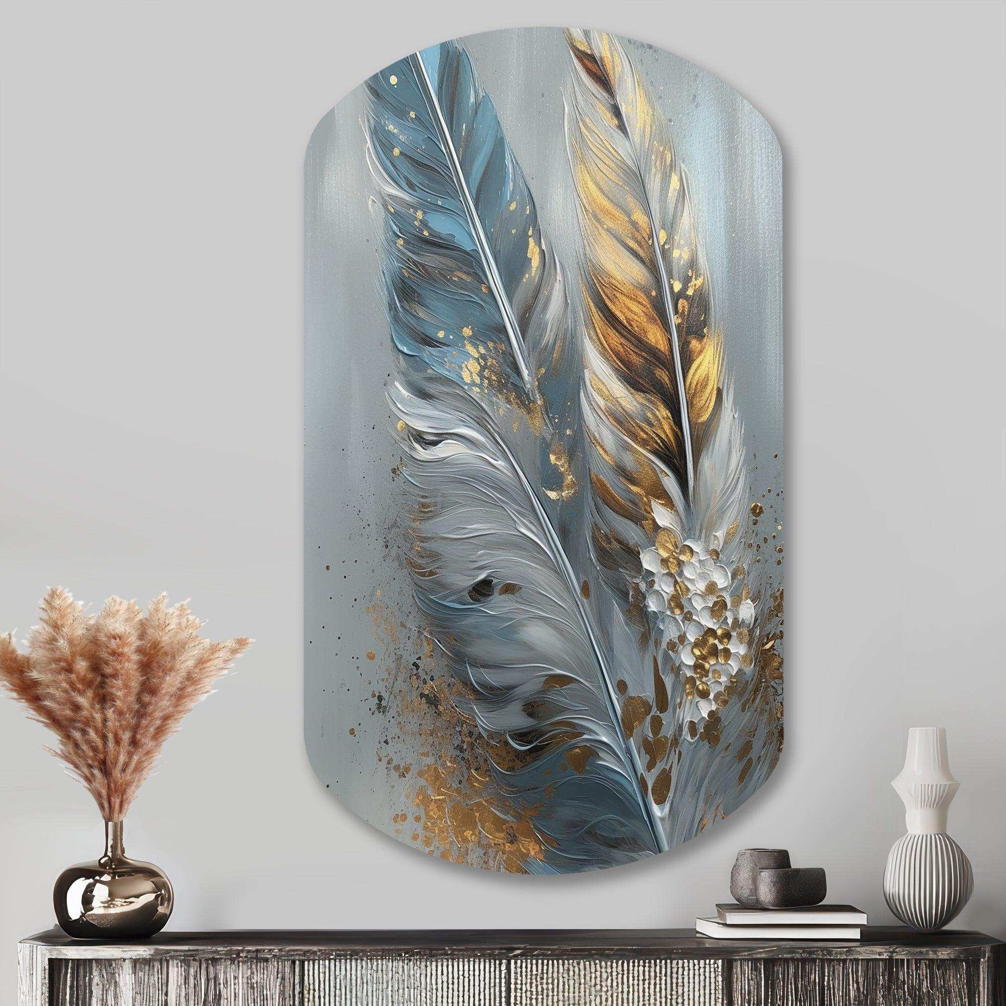 Gold Feather Wanderlust I - Asymmetric Metal Wall Art