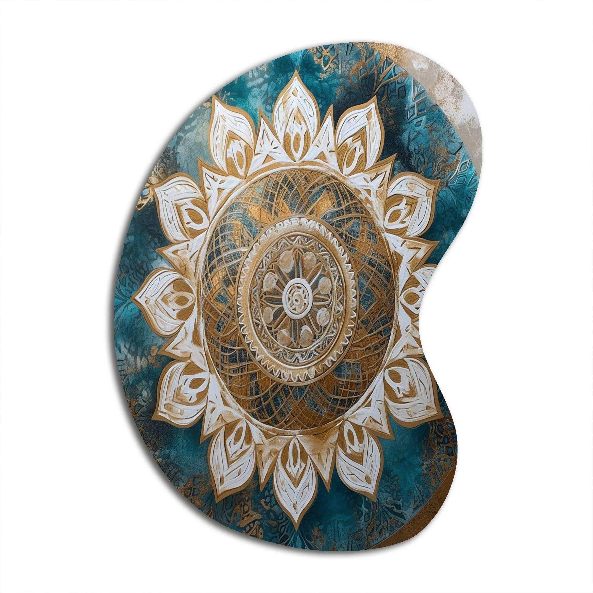 Teal And Gold Mandala II - Asymmetric Metal Wall Art