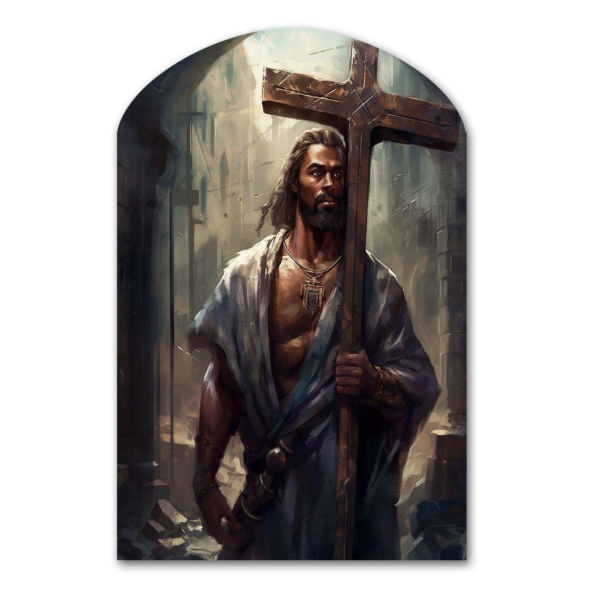 Black Jesus With Cross III - Asymmetric Metal Wall Art
