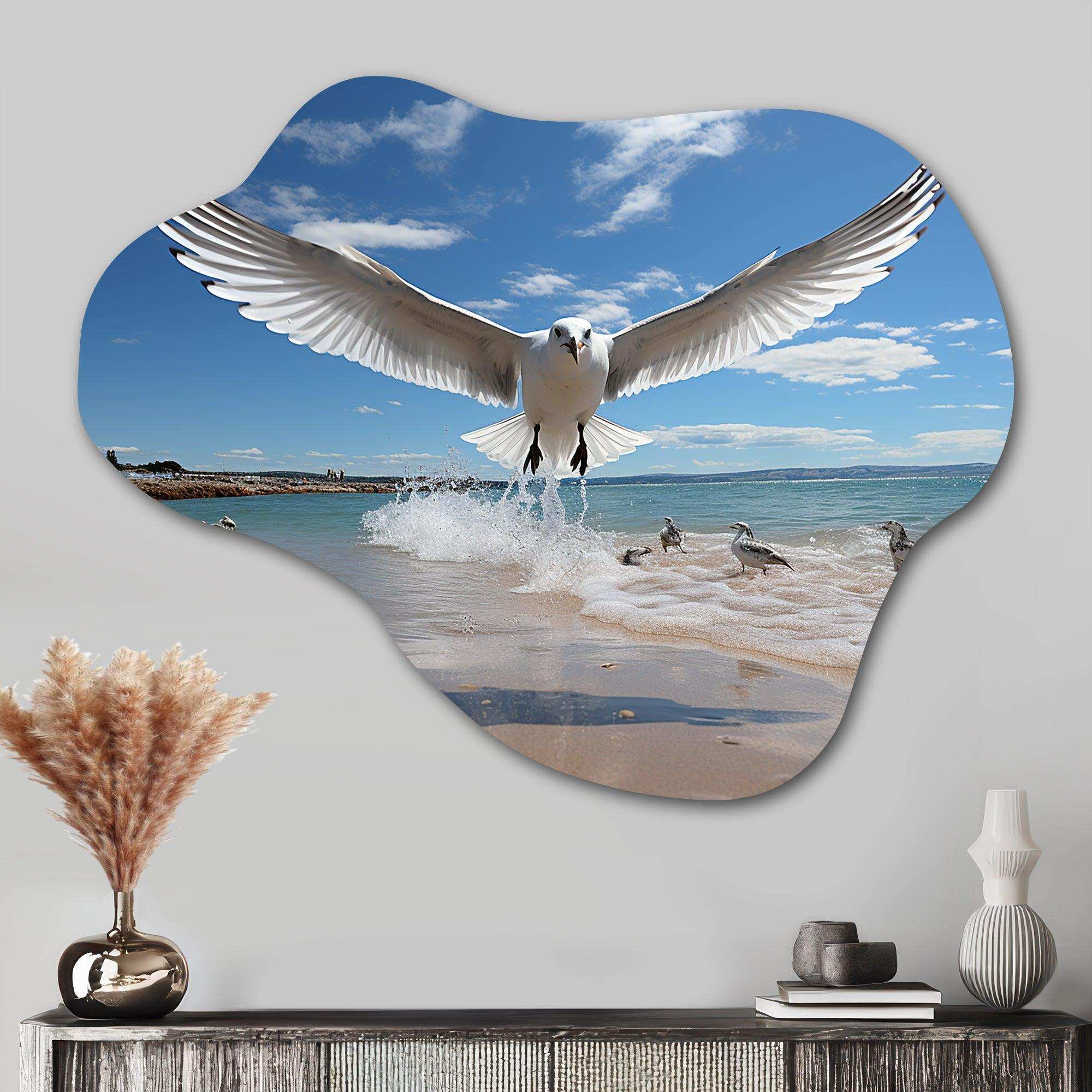 Blue Seagulls In Flight At Beach - Asymmetric Metal Wall Art