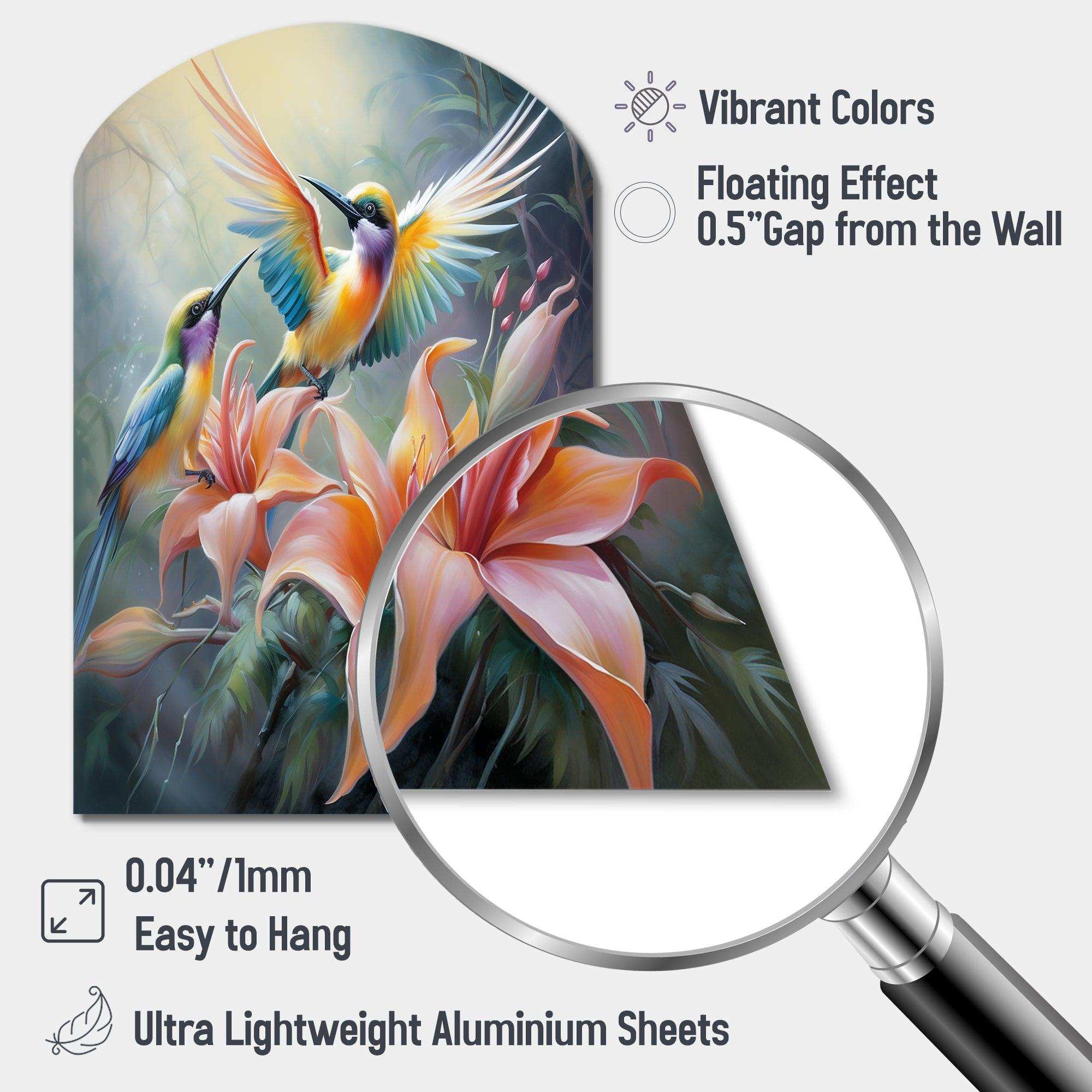 Tropical Flowers with Beautiful Bird - Asymmetric Metal Wall Art