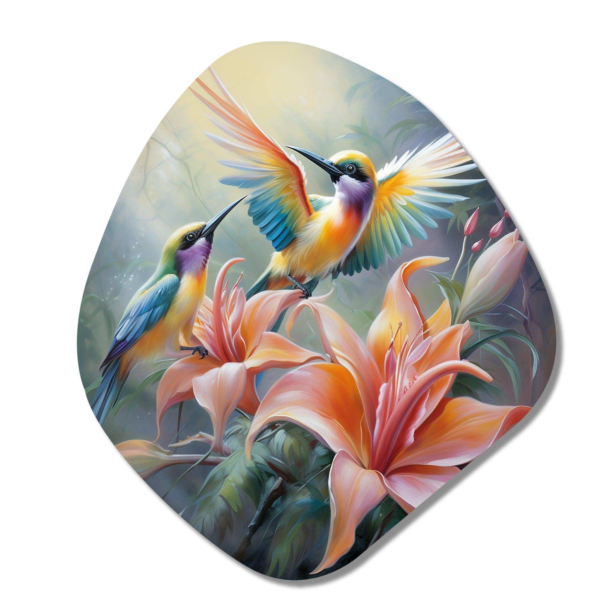 Tropical Flowers with Beautiful Bird - Asymmetric Metal Wall Art