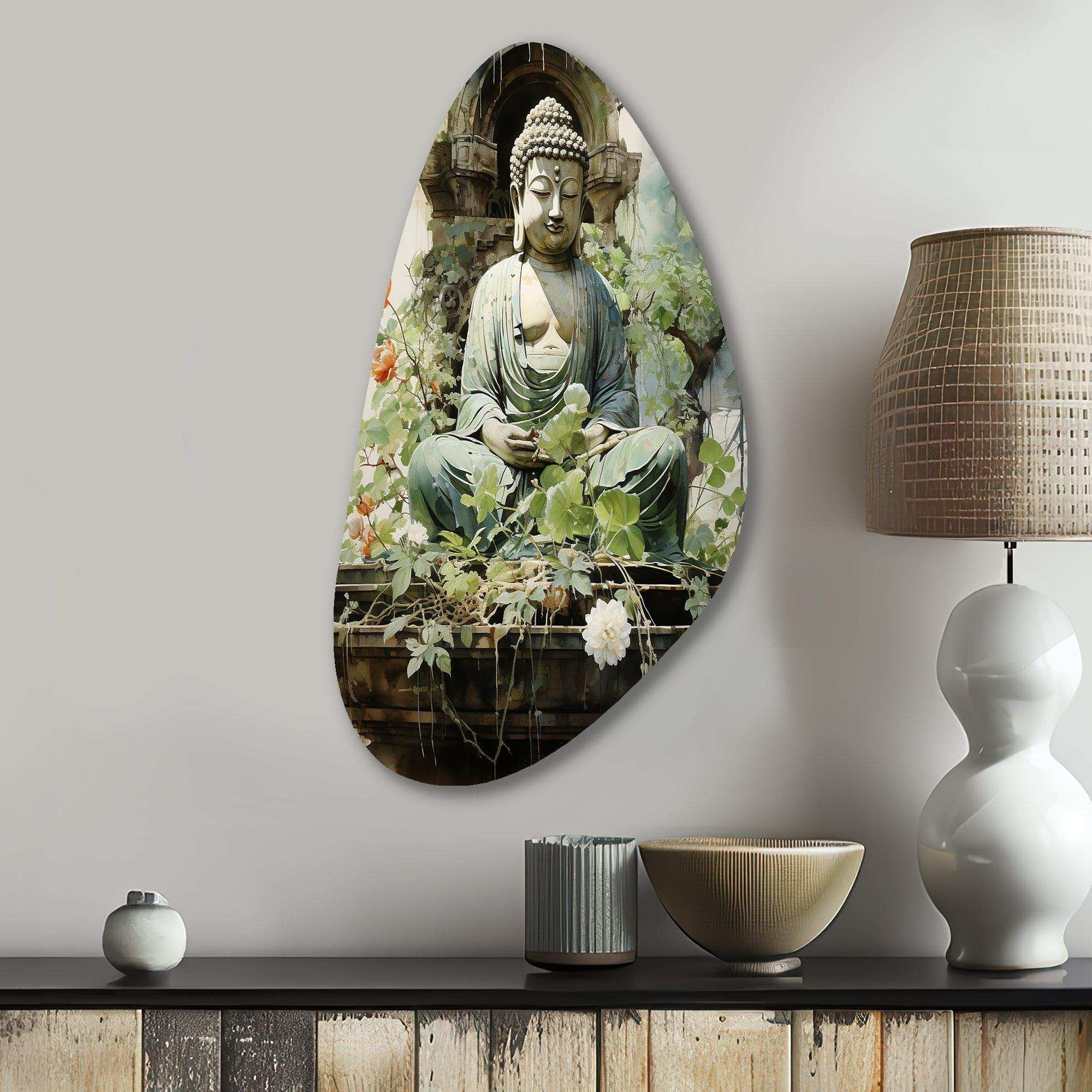 Green Buddhist Art Buddhas Serene I - Asymmetric Metal Wall Art