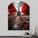 Red Church Sanctuary In Solitude - Asymmetric Metal Wall Art