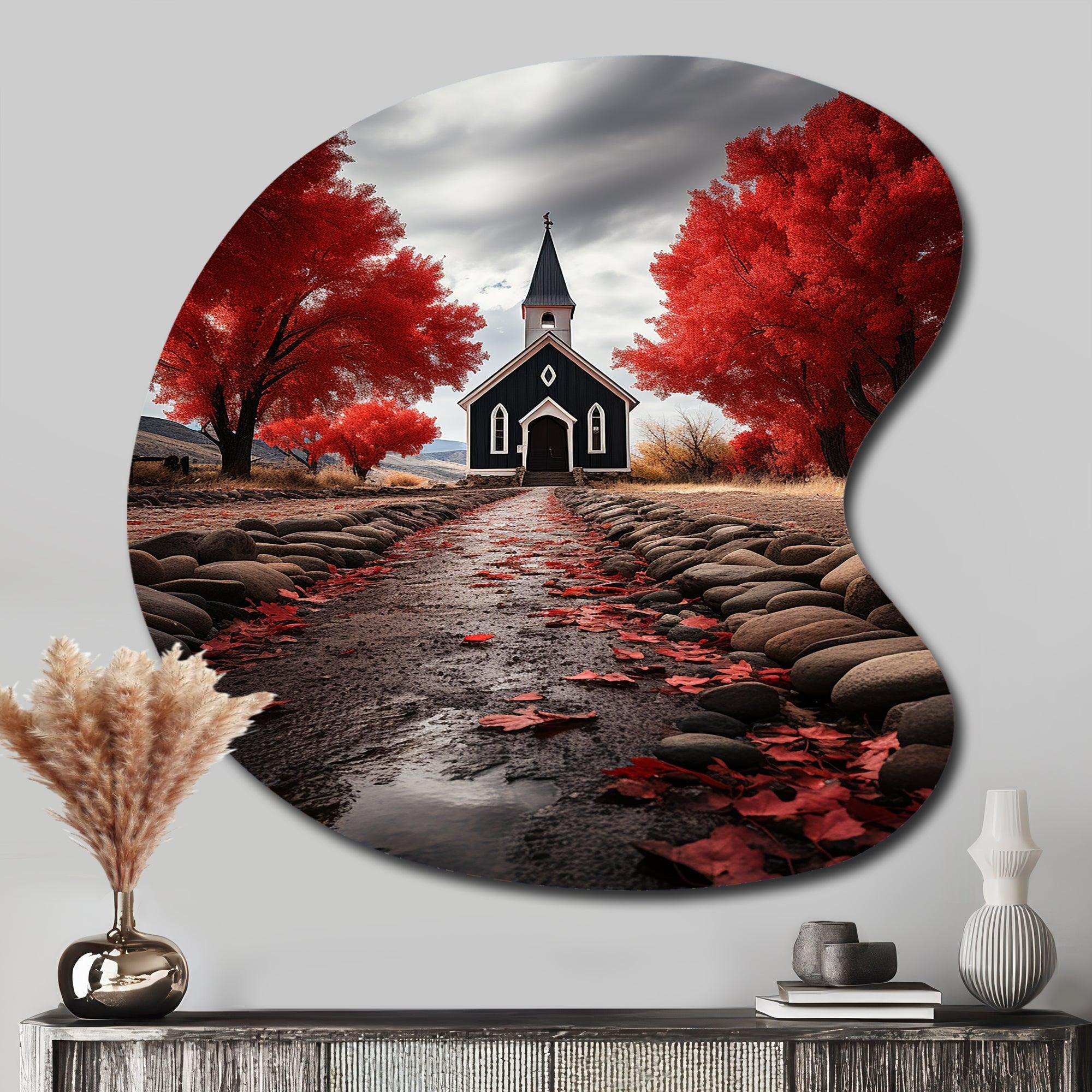 Red Church Sanctuary In Solitude - Asymmetric Metal Wall Art