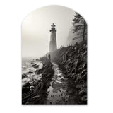 Black White Lighthouse Misty Horizon - Asymmetric Metal Wall Art
