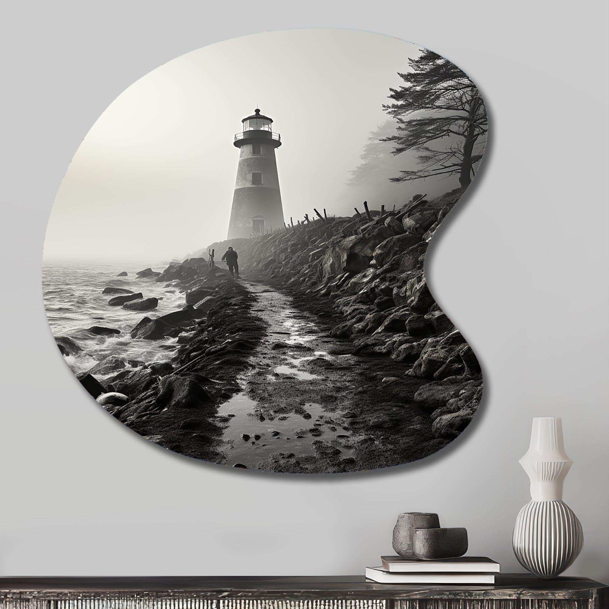 Black White Lighthouse Misty Horizon - Asymmetric Metal Wall Art