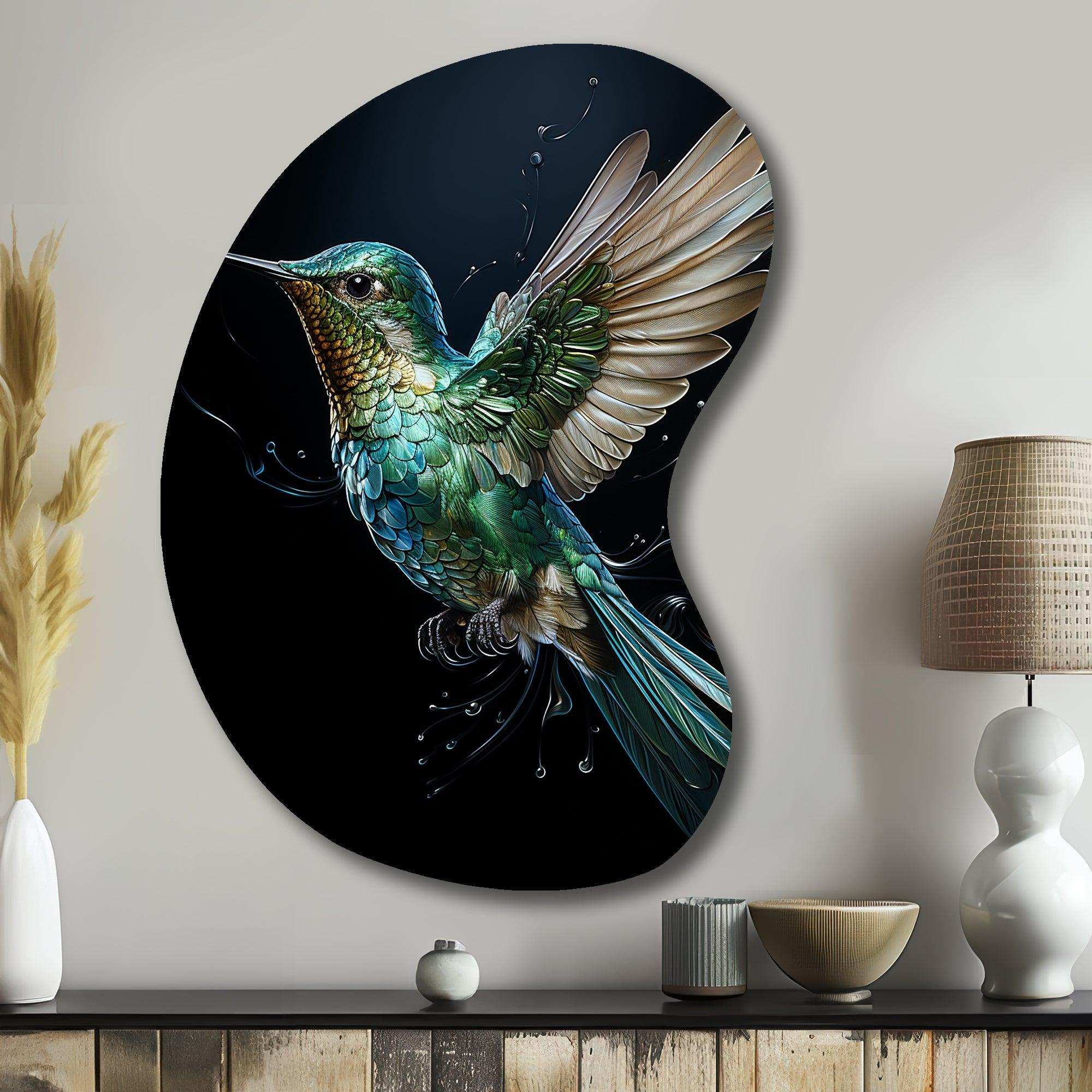 Teal Black Hummingbird Aerial Grace - Asymmetric Metal Wall Art