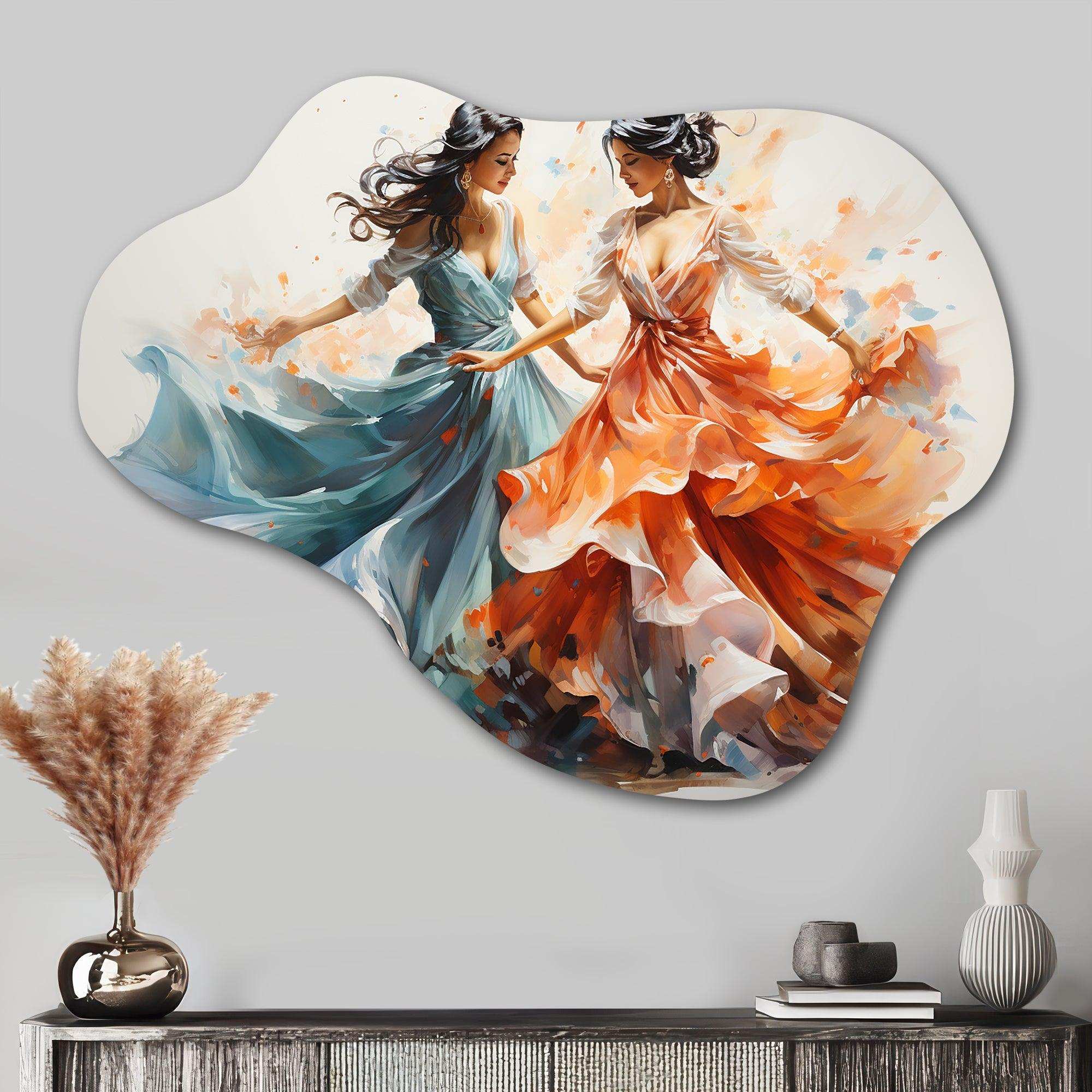 Peach Blue Indian Art Kathak Dancers - Asymmetric Metal Wall Art
