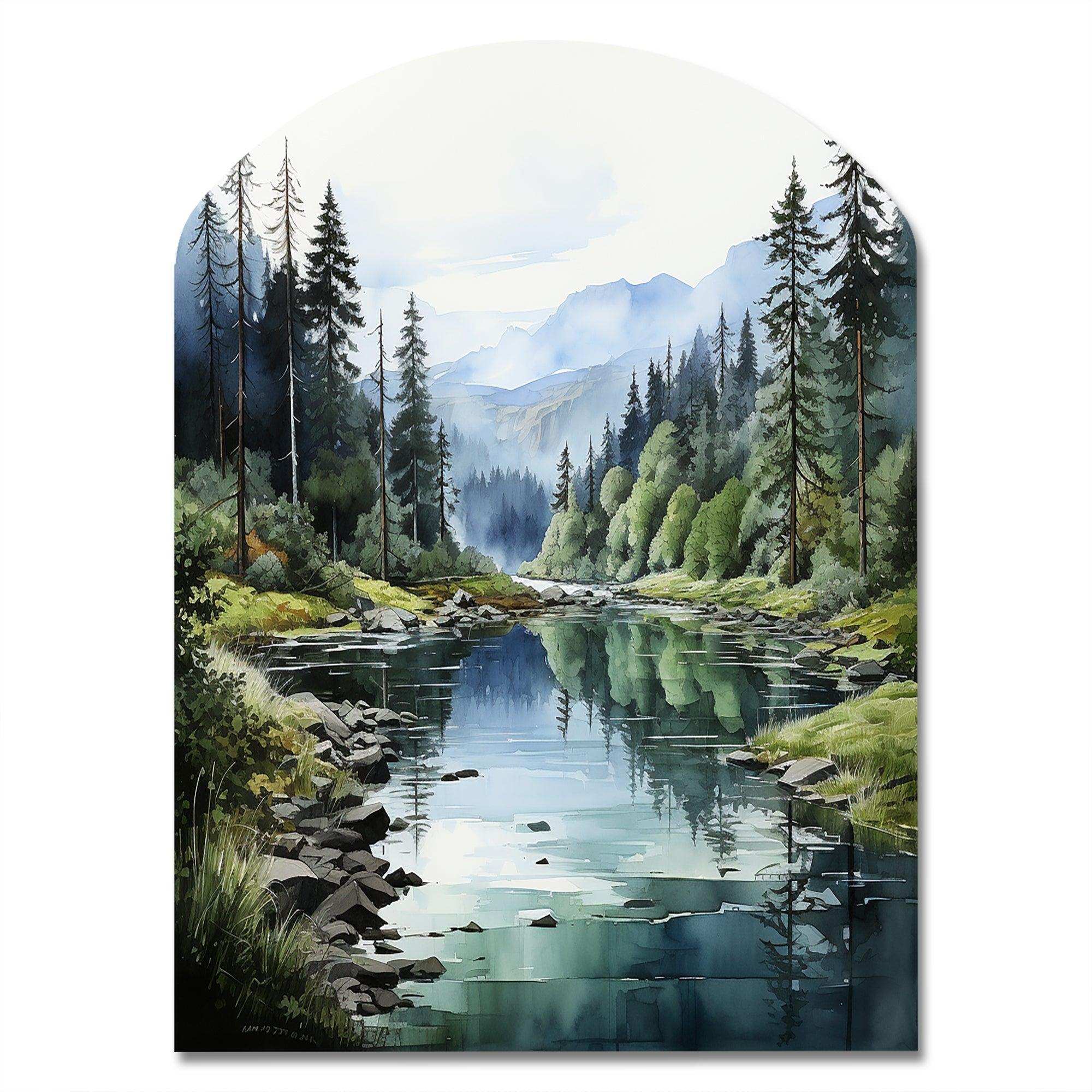 Green Blue Minimalism Forest Reflections - Asymmetric Metal Wall Art