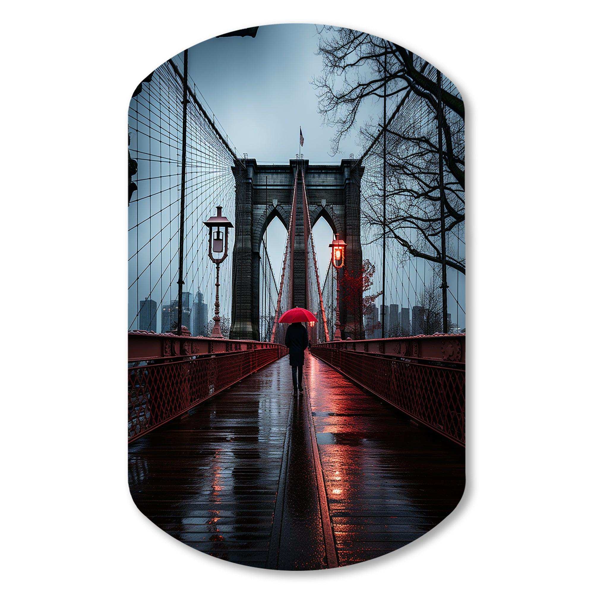 Red Grey New York Brooklyn Bridge I - Asymmetric Metal Wall Art