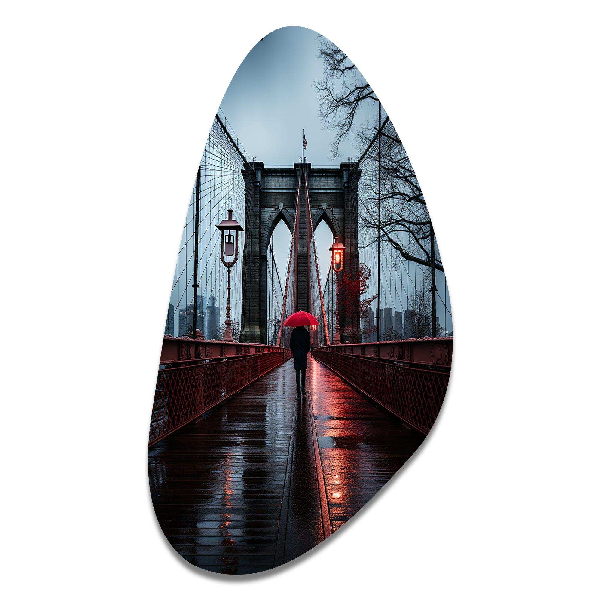 Red Grey New York Brooklyn Bridge I - Asymmetric Metal Wall Art