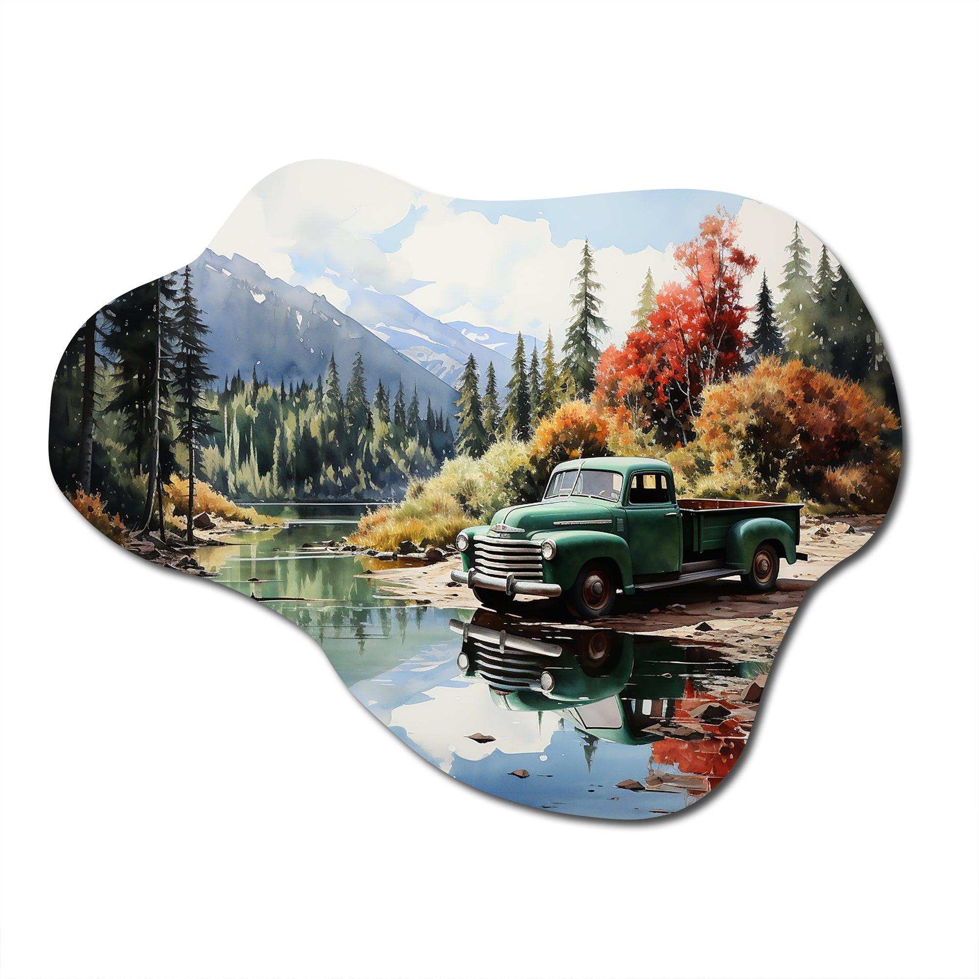 Pickup Truck Tranquil Lakeside III - Asymmetric Metal Wall Art