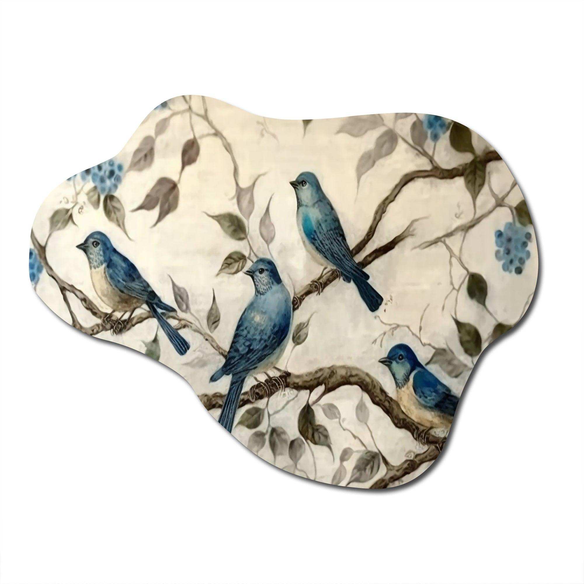 Four Vintage Blue Birds On A Branch III - Asymmetric Metal Wall Art