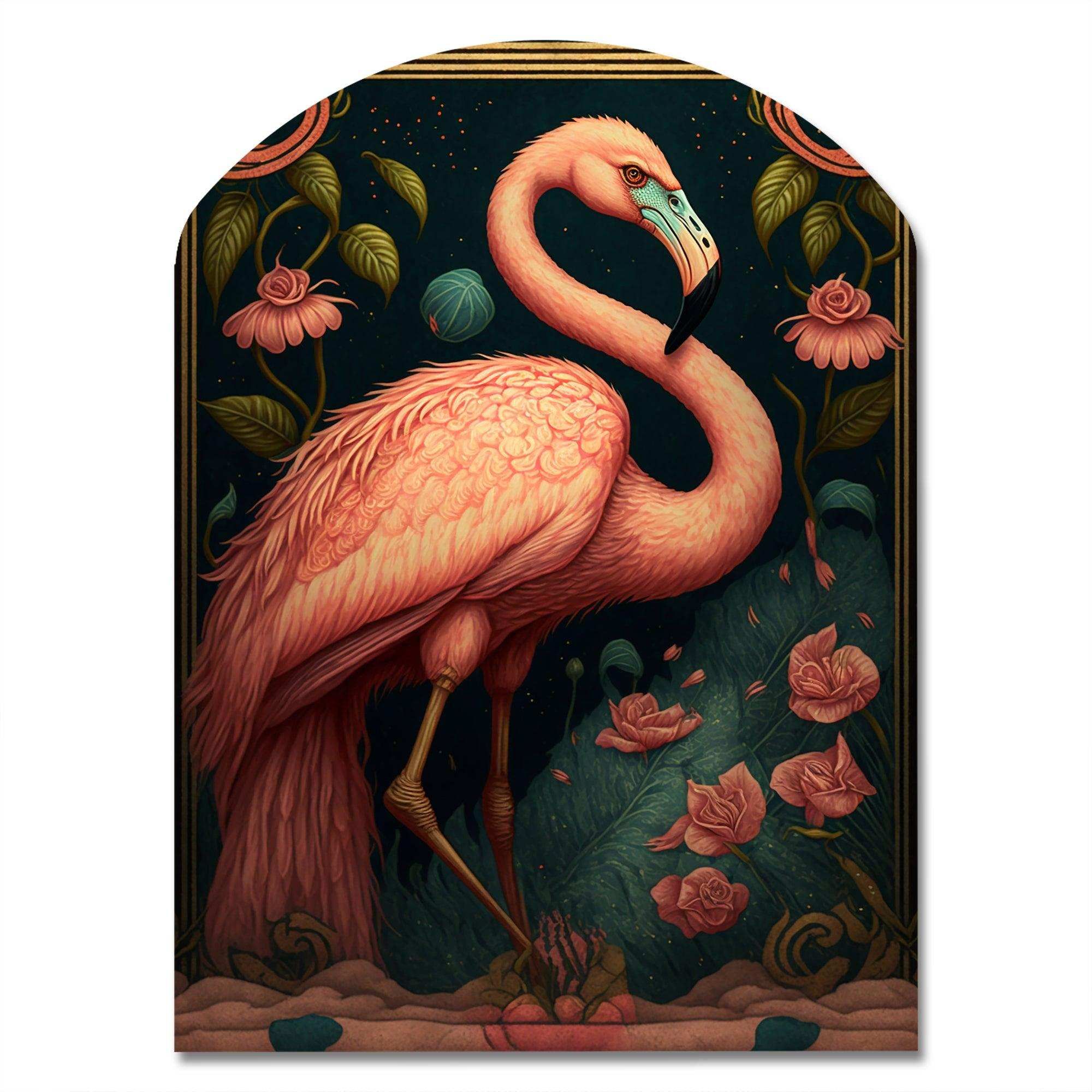 Vintage Pink Flamingo With Roses - Asymmetric Metal Wall Art