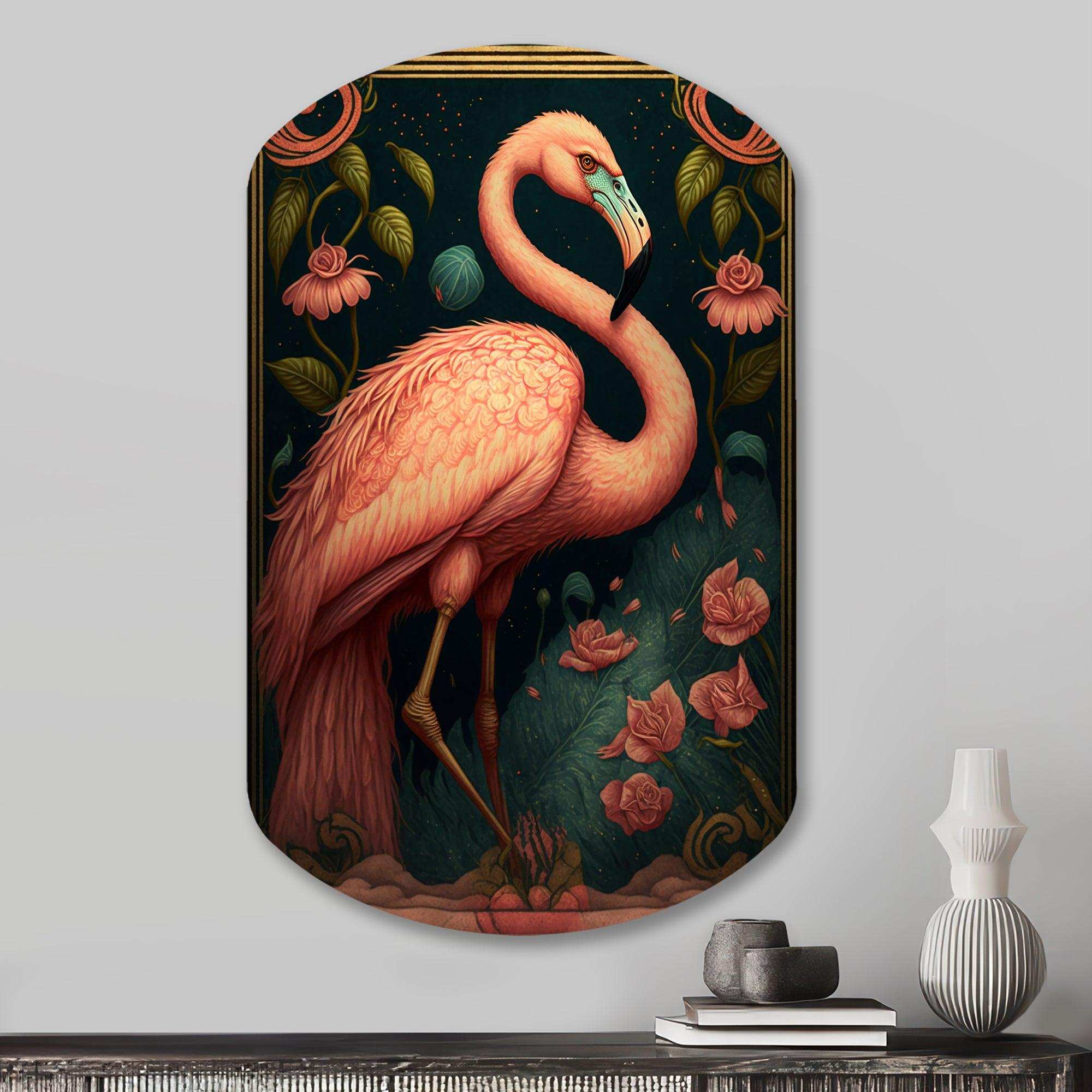Vintage Pink Flamingo With Roses - Asymmetric Metal Wall Art