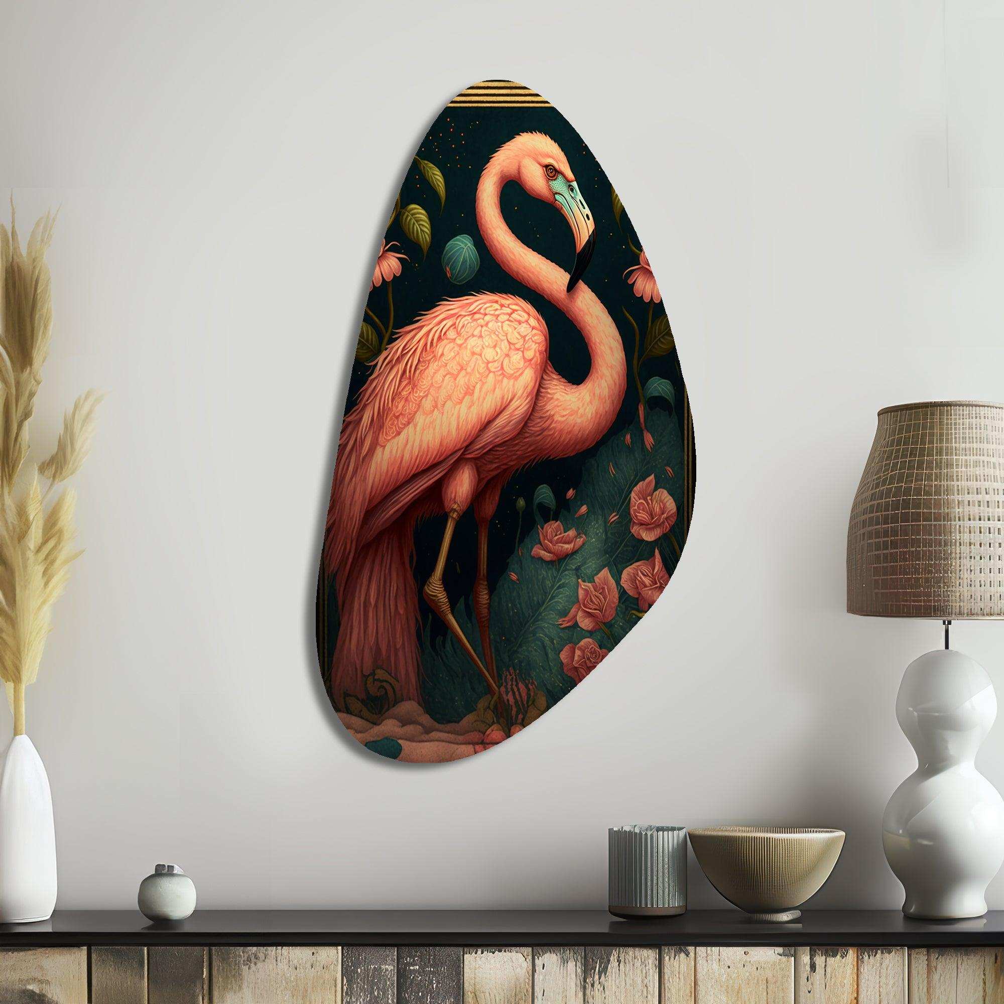 Vintage Pink Flamingo With Roses - Asymmetric Metal Wall Art