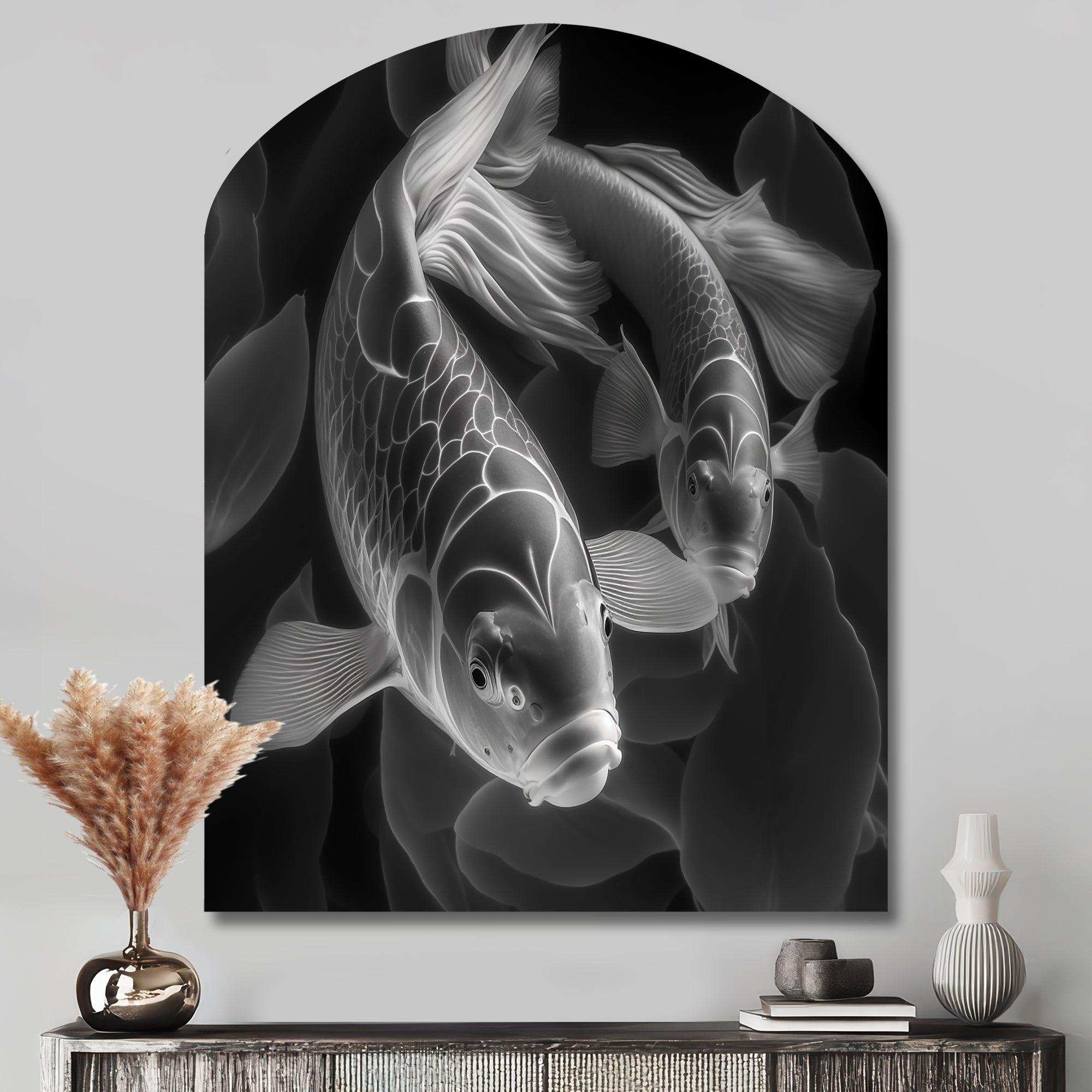 Monochrome Koi Fish - Asymmetric Metal Wall Art