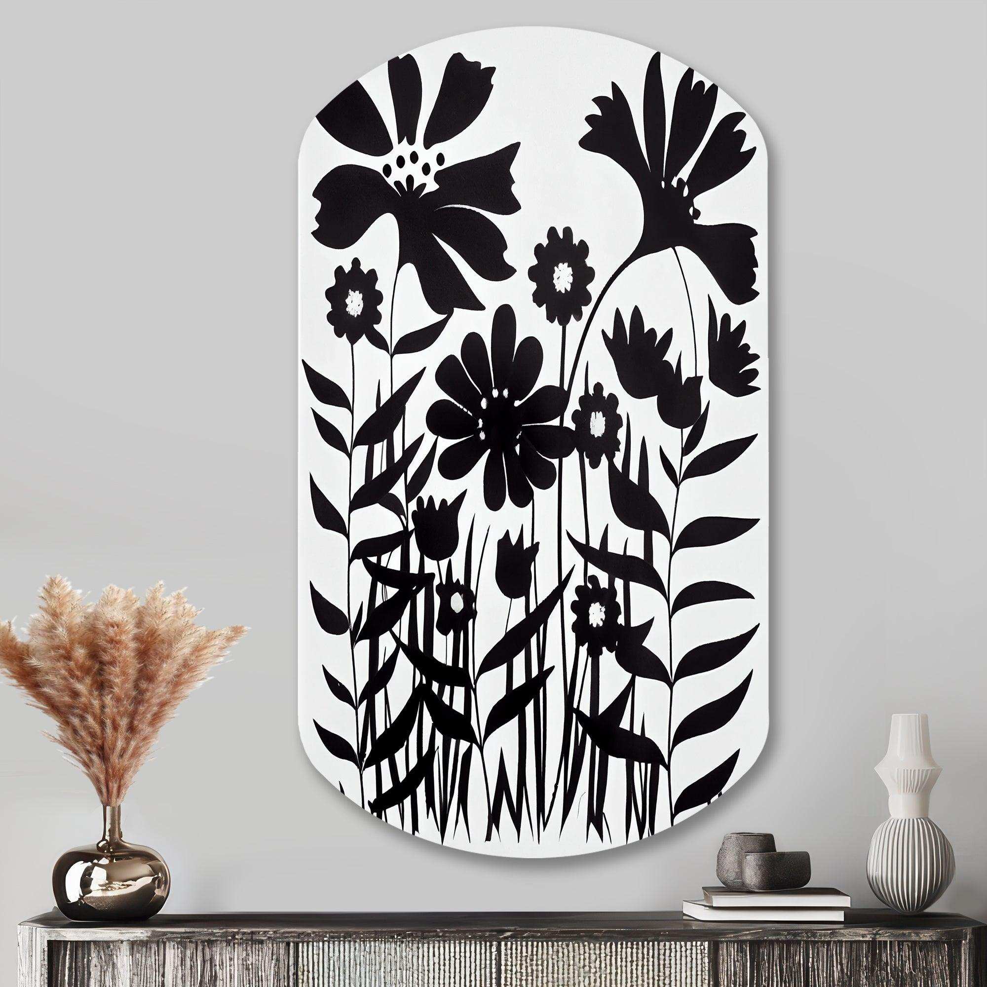 Black And White Graphic Flowers V - Asymmetric Metal Wall Art