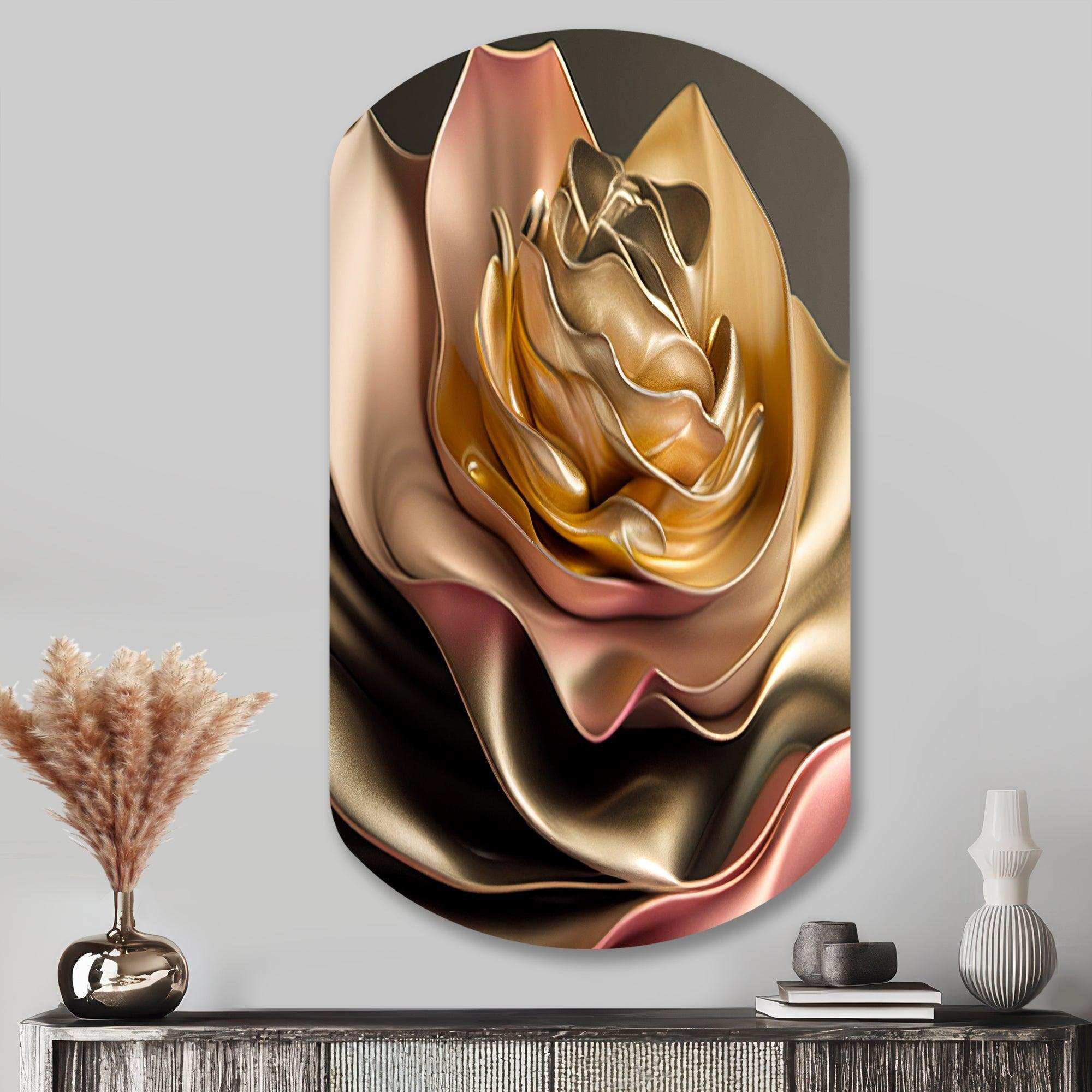 Retro Vintage Abstract Pink And Gold Flowers III - Asymmetric Metal Wall Art