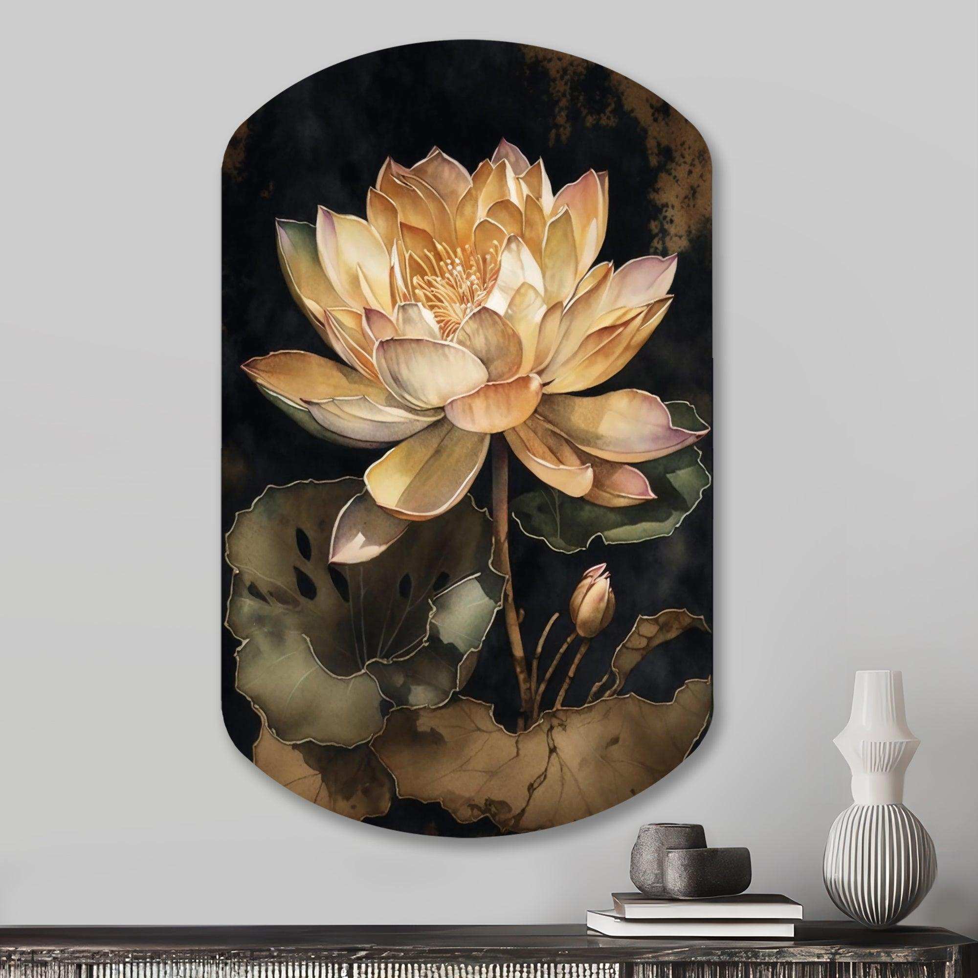 Blooming Vintage Lotus In The Pond I - Asymmetric Metal Wall Art