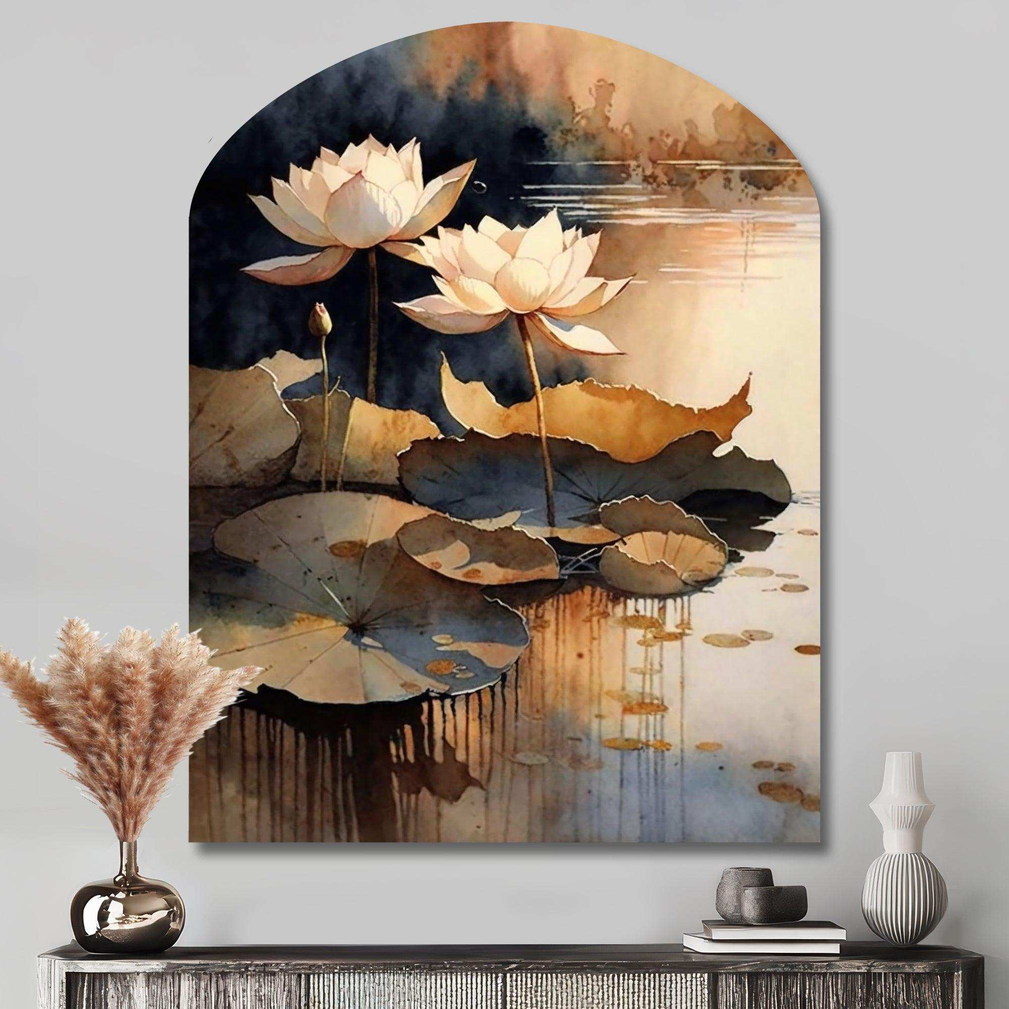 Blooming Vintage Lotus In The Pond IV - Asymmetric Metal Wall Art