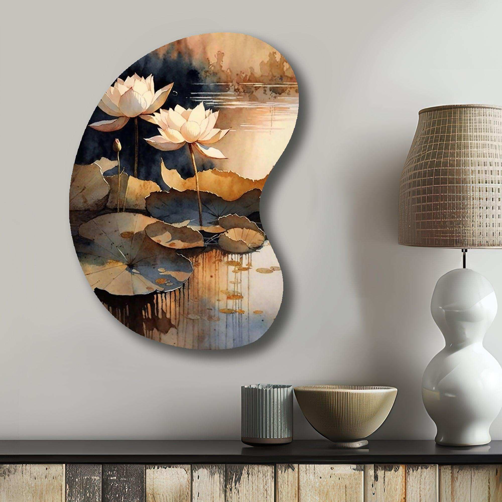 Blooming Vintage Lotus In The Pond IV - Asymmetric Metal Wall Art
