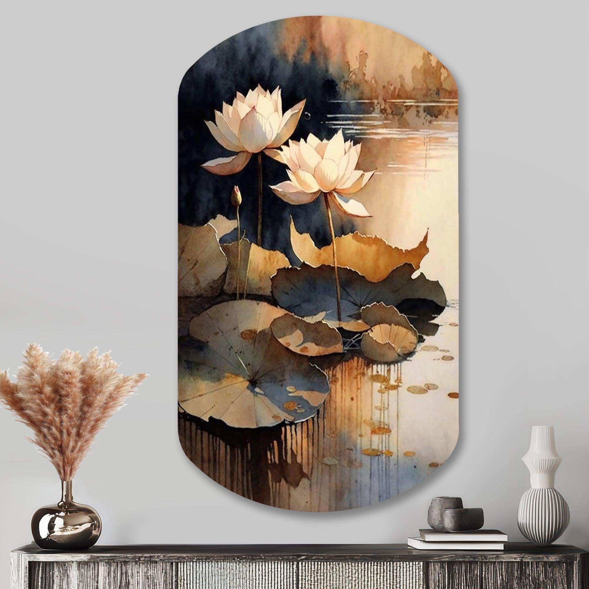 Blooming Vintage Lotus In The Pond IV - Asymmetric Metal Wall Art