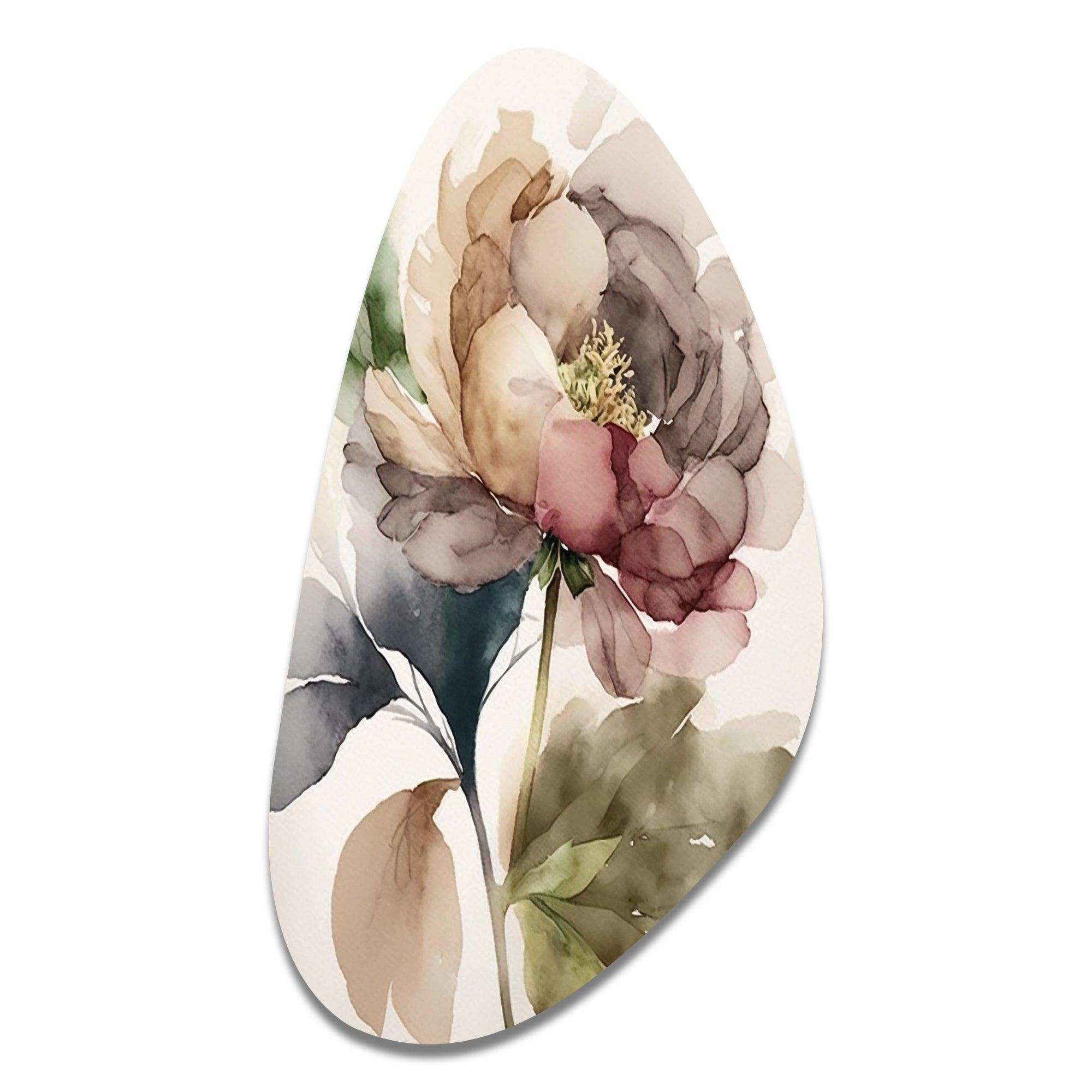 Blooming Peony In Gray Earth Tones V - Asymmetric Metal Wall Art