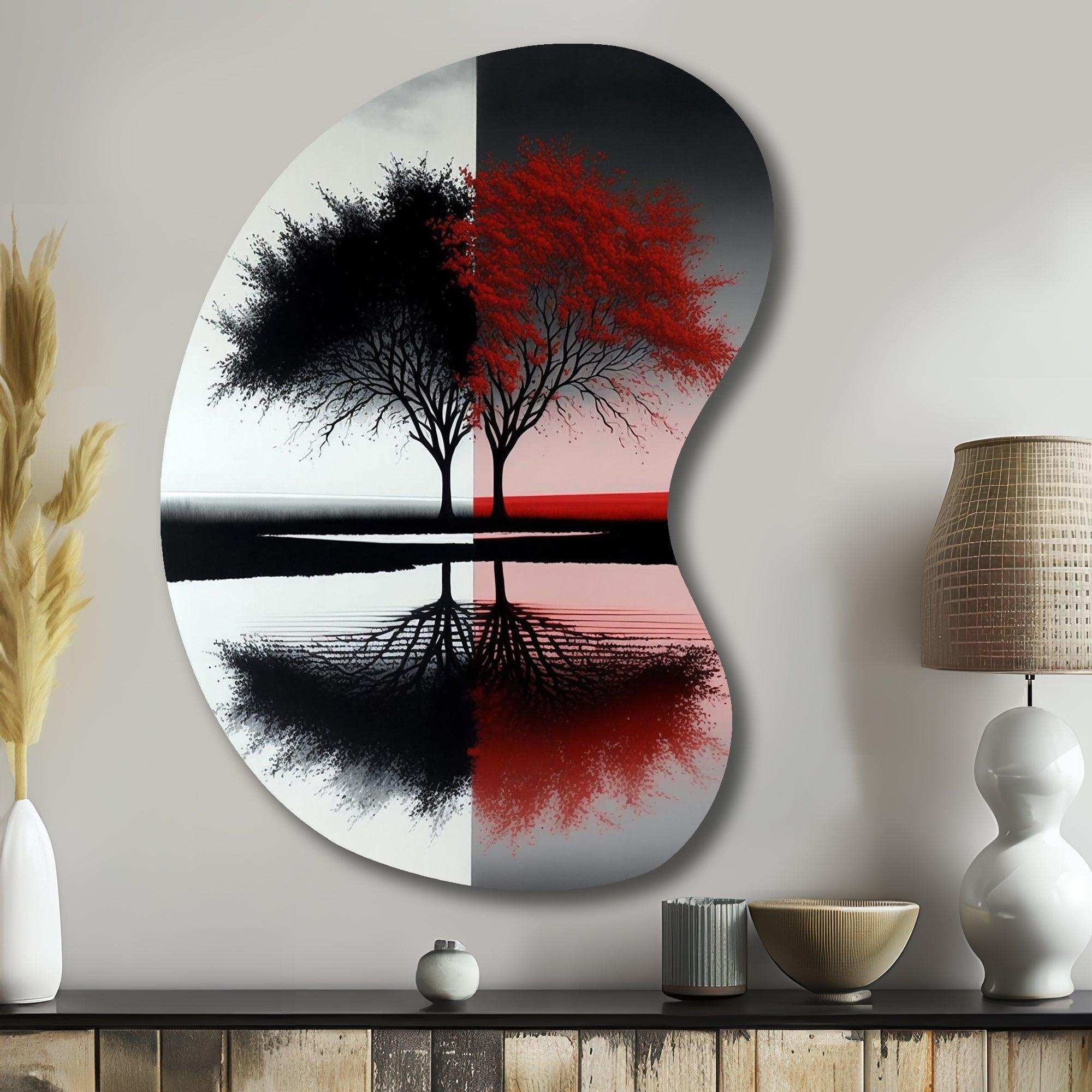 Red And Black Abstract Trees By The Lake - Asymmetric Metal Wall Art