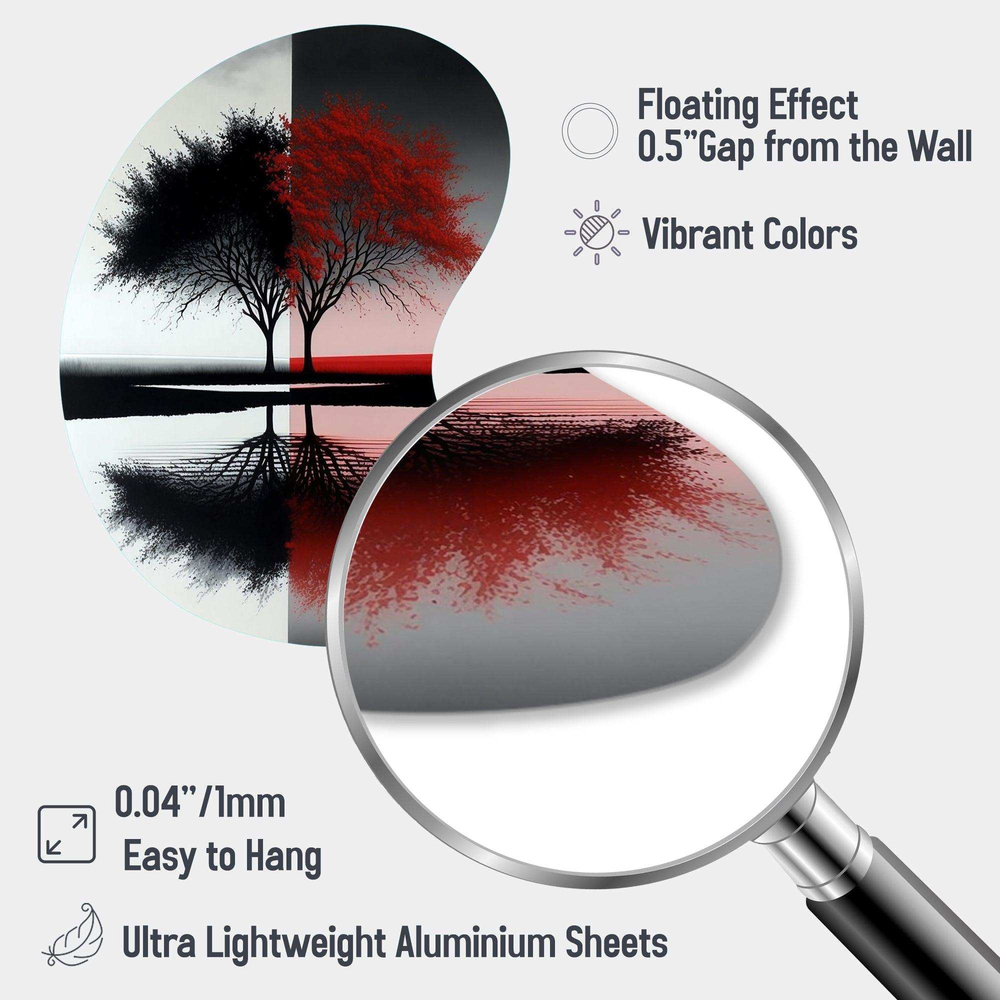 Red And Black Abstract Trees By The Lake - Asymmetric Metal Wall Art