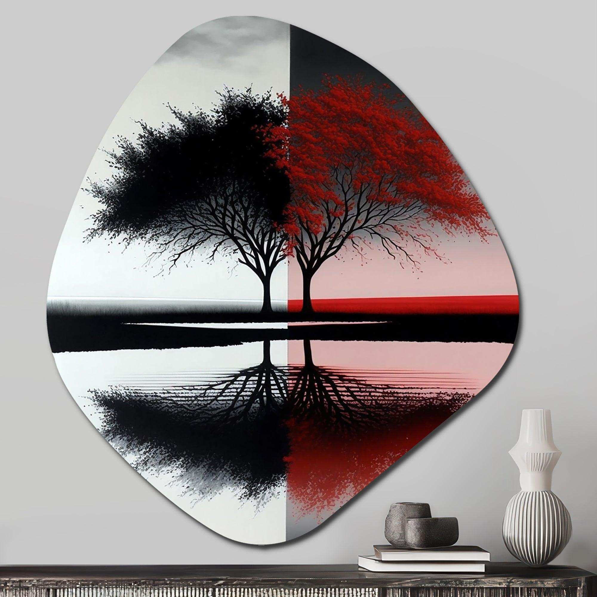 Red And Black Abstract Trees By The Lake - Asymmetric Metal Wall Art
