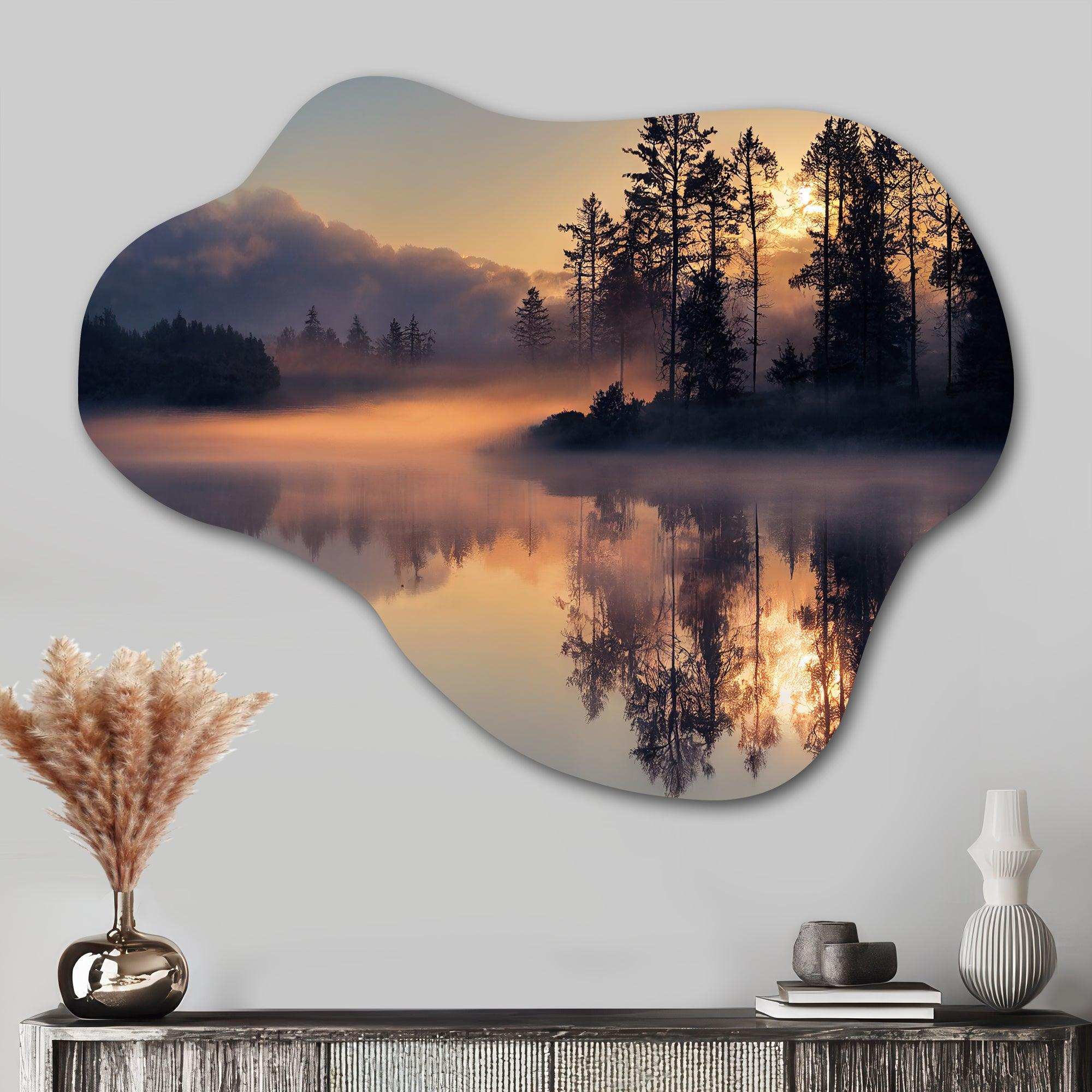 Morning Fog Over The Lake Sunset I - Asymmetric Metal Wall Art