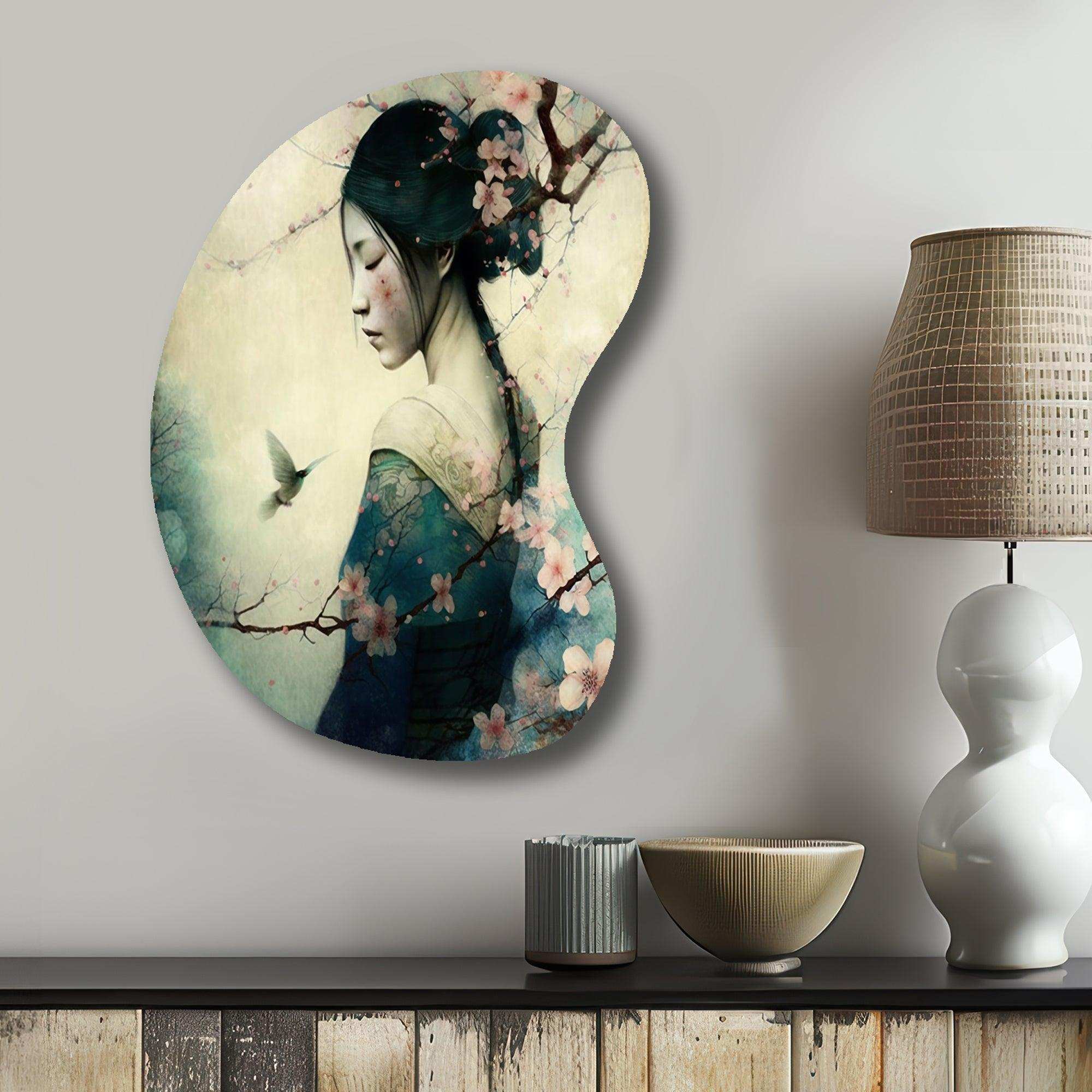 Vintage Japanese Woman With Cherry Blossoms - Asymmetric Metal Wall Art