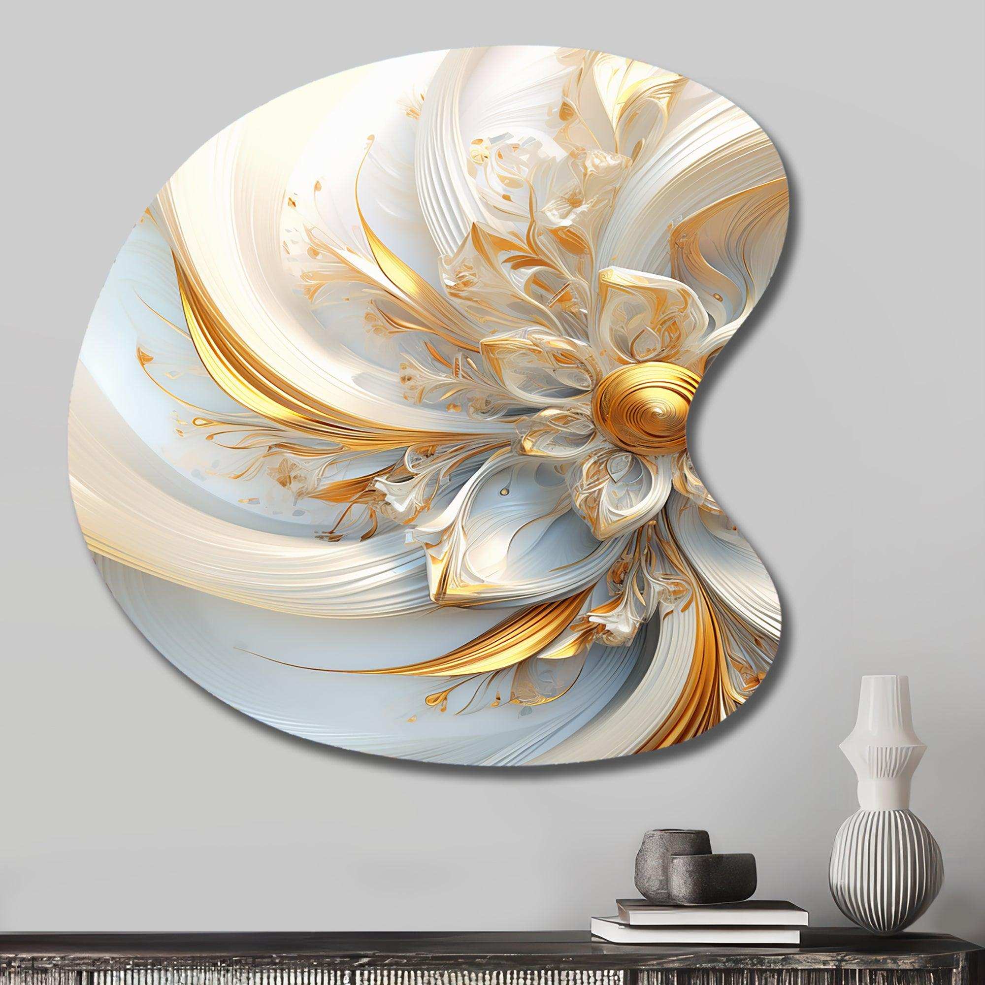 Whirling While Glam Fractals In Gold And White I - Asymmetric Metal Wall Art