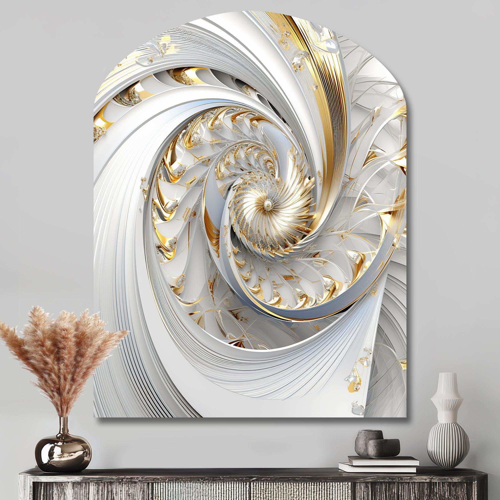 Whirling While Glam Fractals In Gold And White III - Asymmetric Metal Wall Art