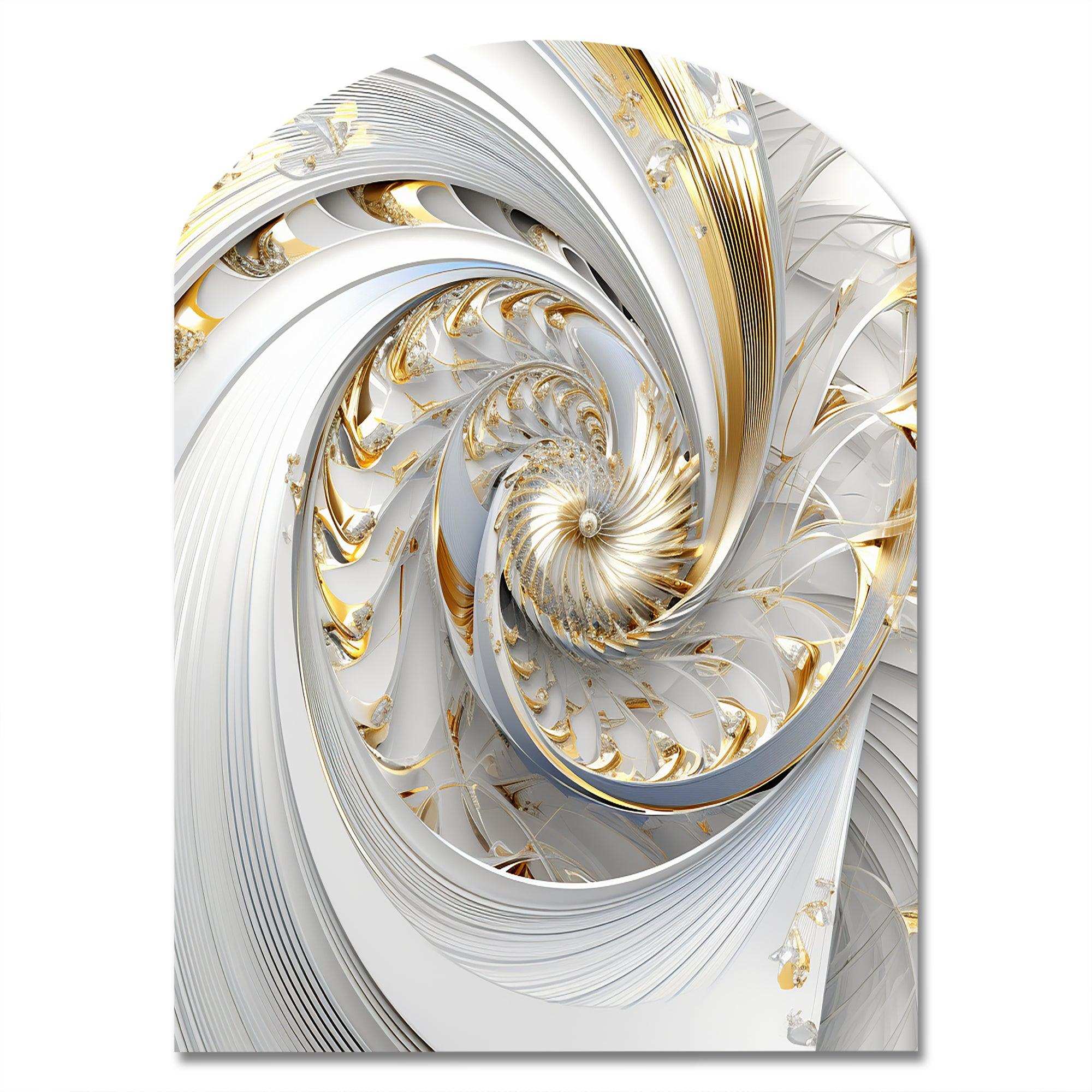 Whirling While Glam Fractals In Gold And White III - Asymmetric Metal Wall Art