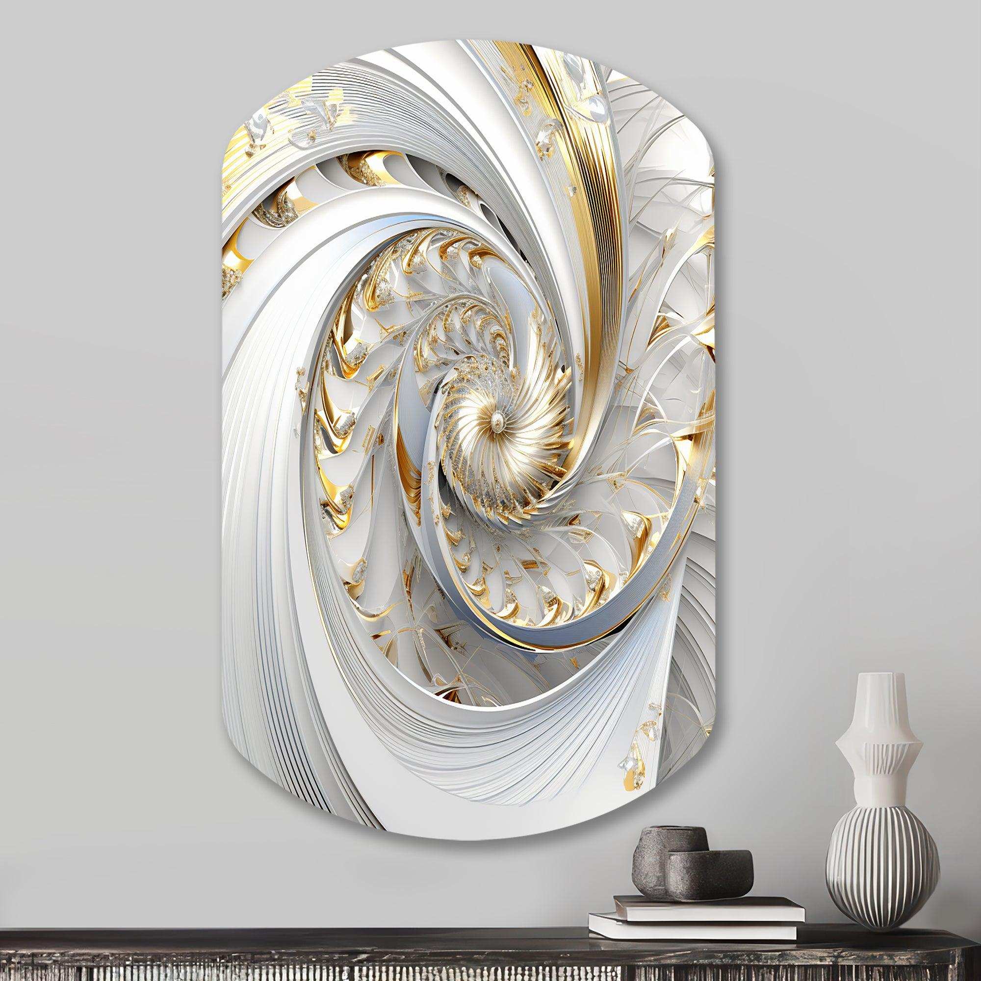 Whirling While Glam Fractals In Gold And White III - Asymmetric Metal Wall Art