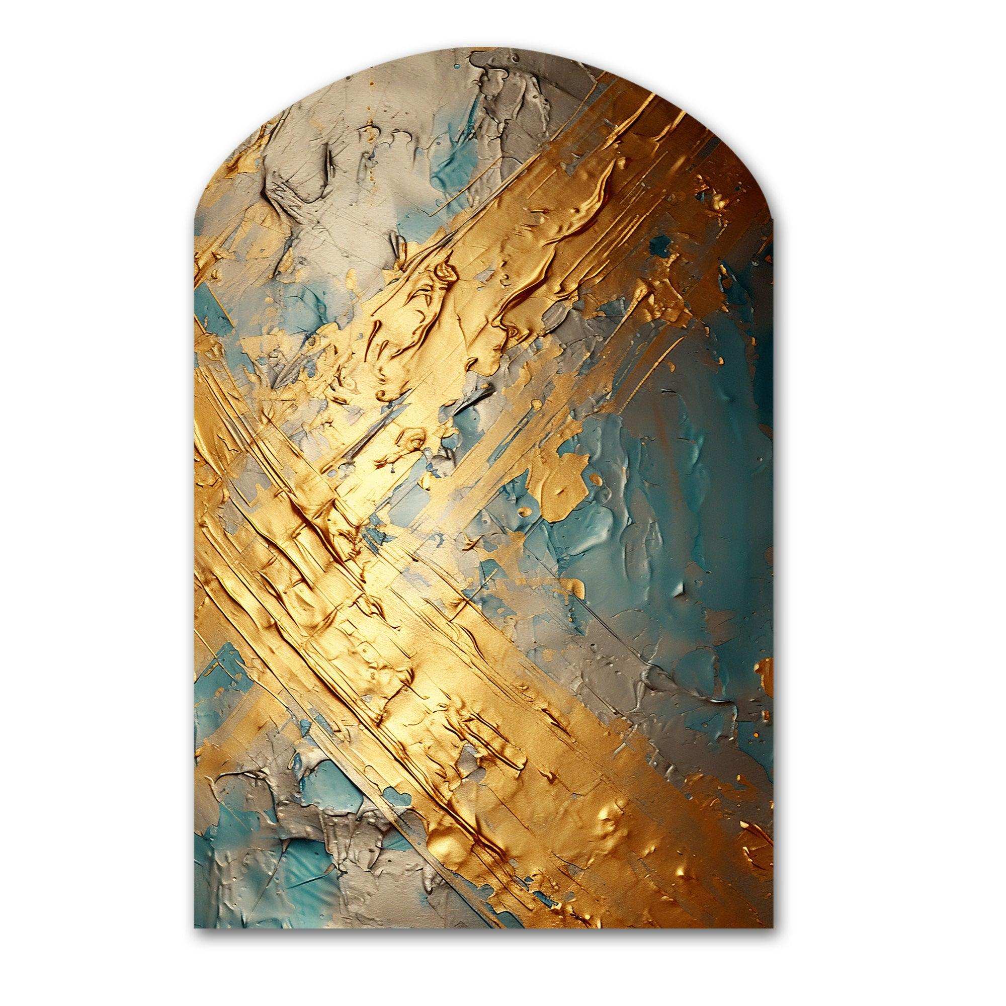 Exquisite Evening Glow Vintage Gold On Teal I - Asymmetric Metal Wall Art