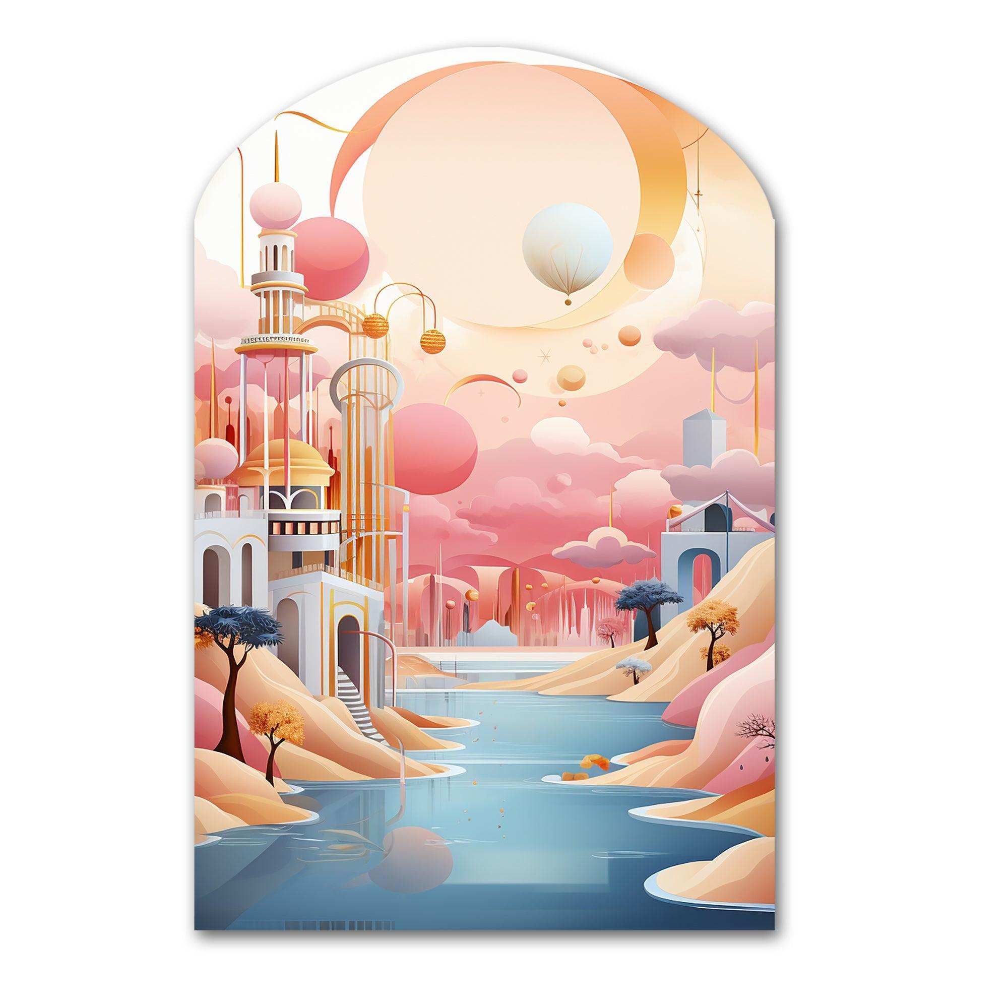 Boho Dreams River Landscape Vintage Blue Pink - Asymmetric Metal Wall Art