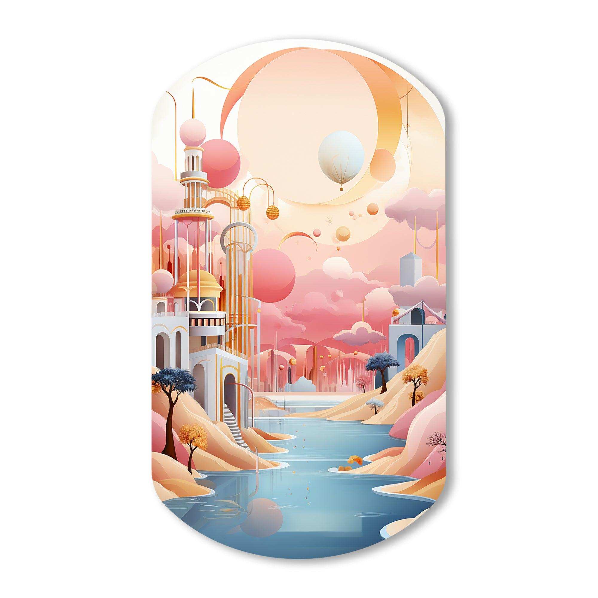 Boho Dreams River Landscape Vintage Blue Pink - Asymmetric Metal Wall Art