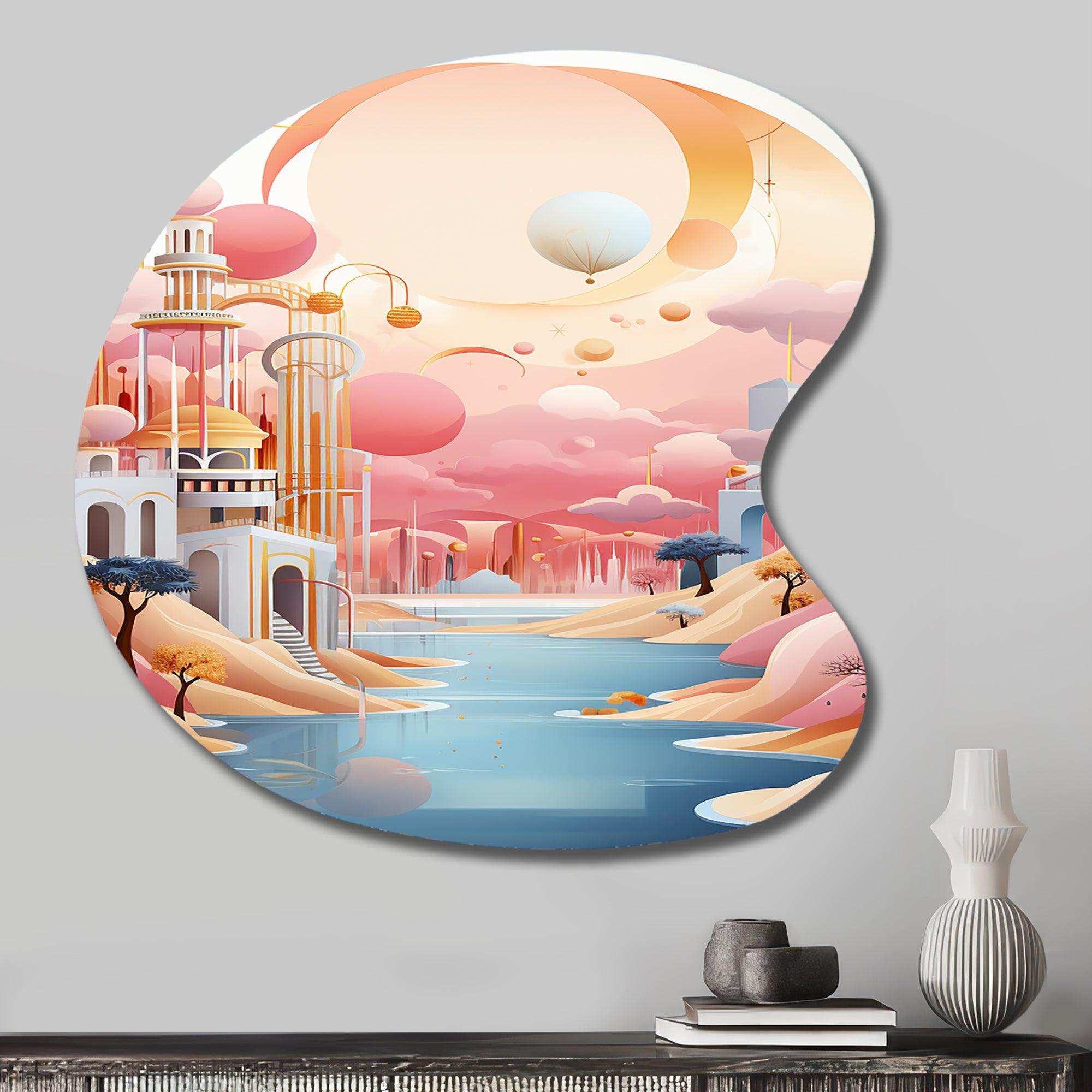 Boho Dreams River Landscape Vintage Blue Pink - Asymmetric Metal Wall Art