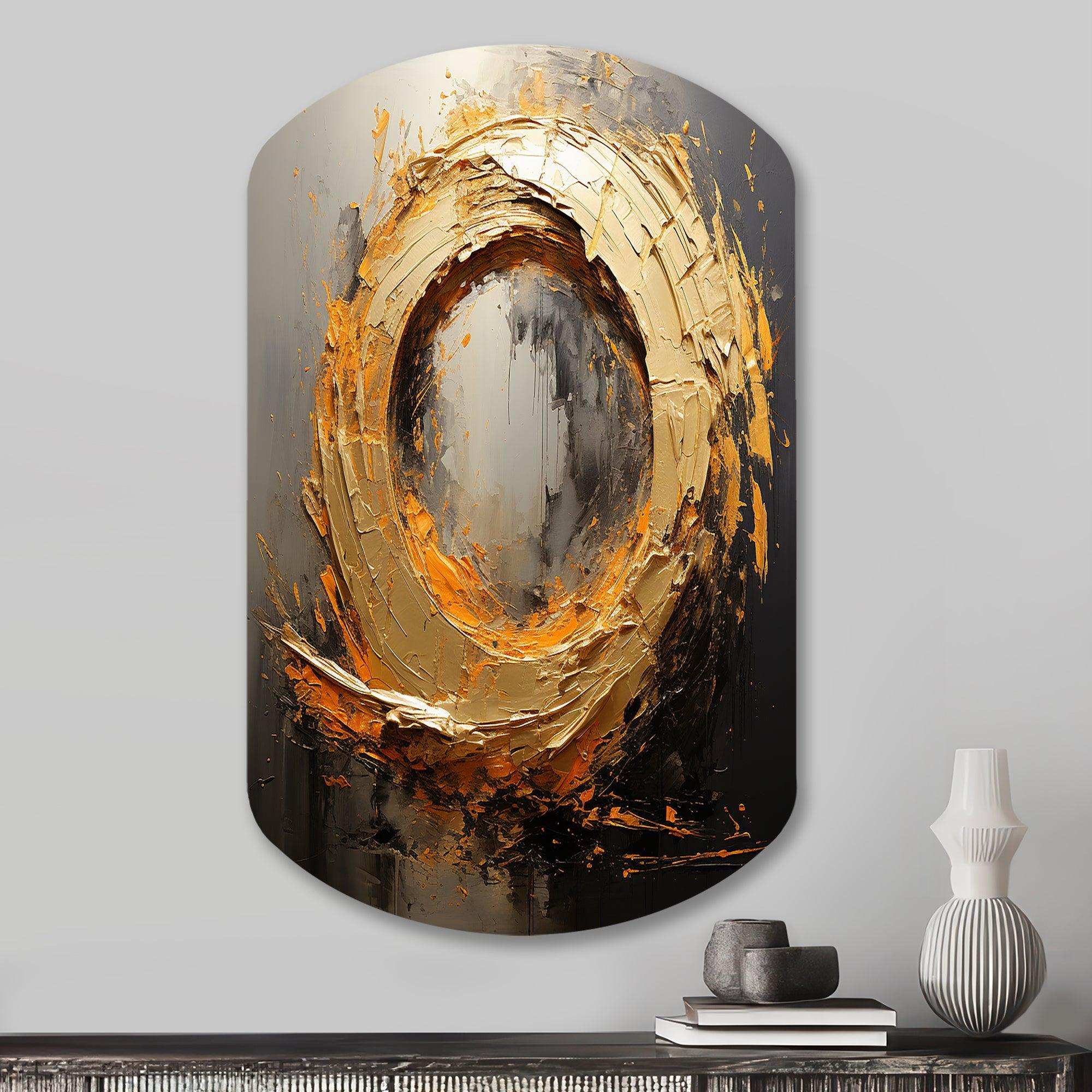 Spiral Vintage Gold Painting On Black I - Asymmetric Metal Wall Art